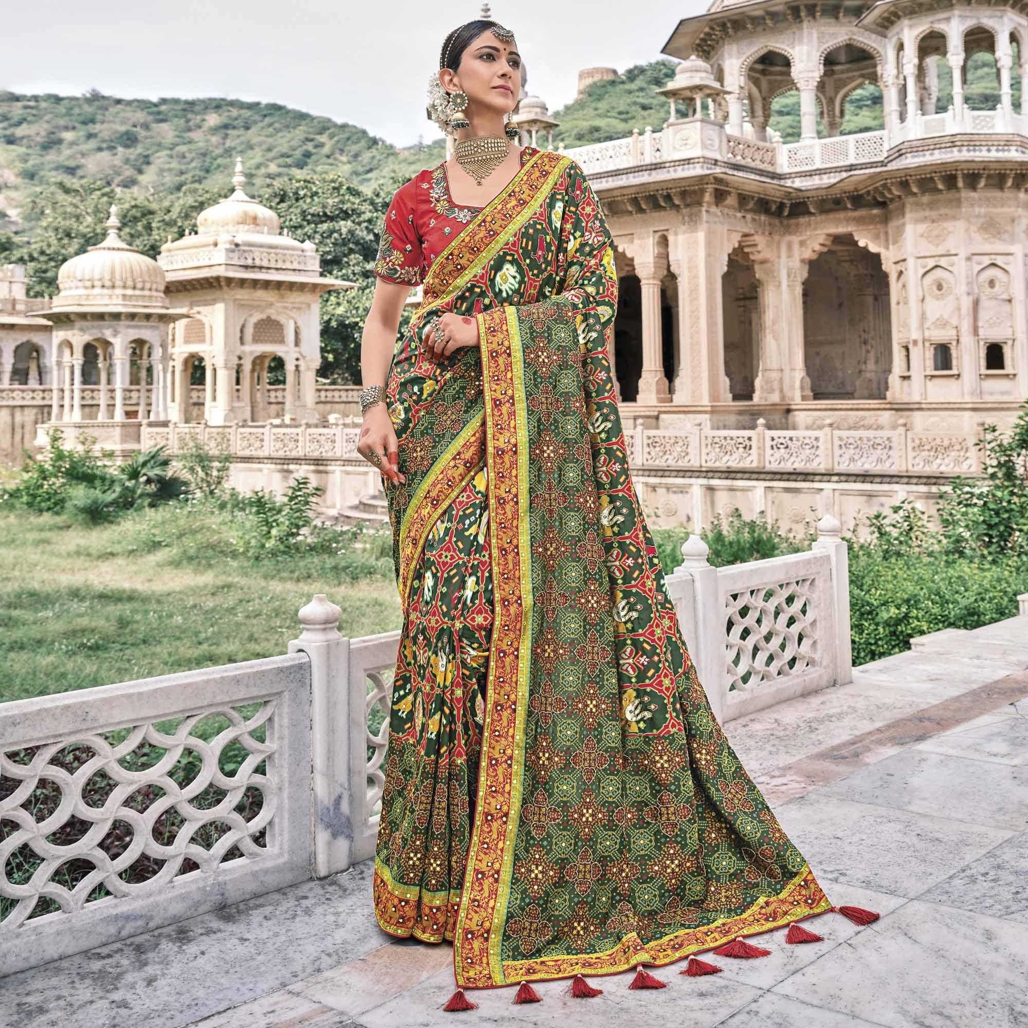 Green Festive Wear Plain & Hand Work  Pure Silk Saree - Peachmode