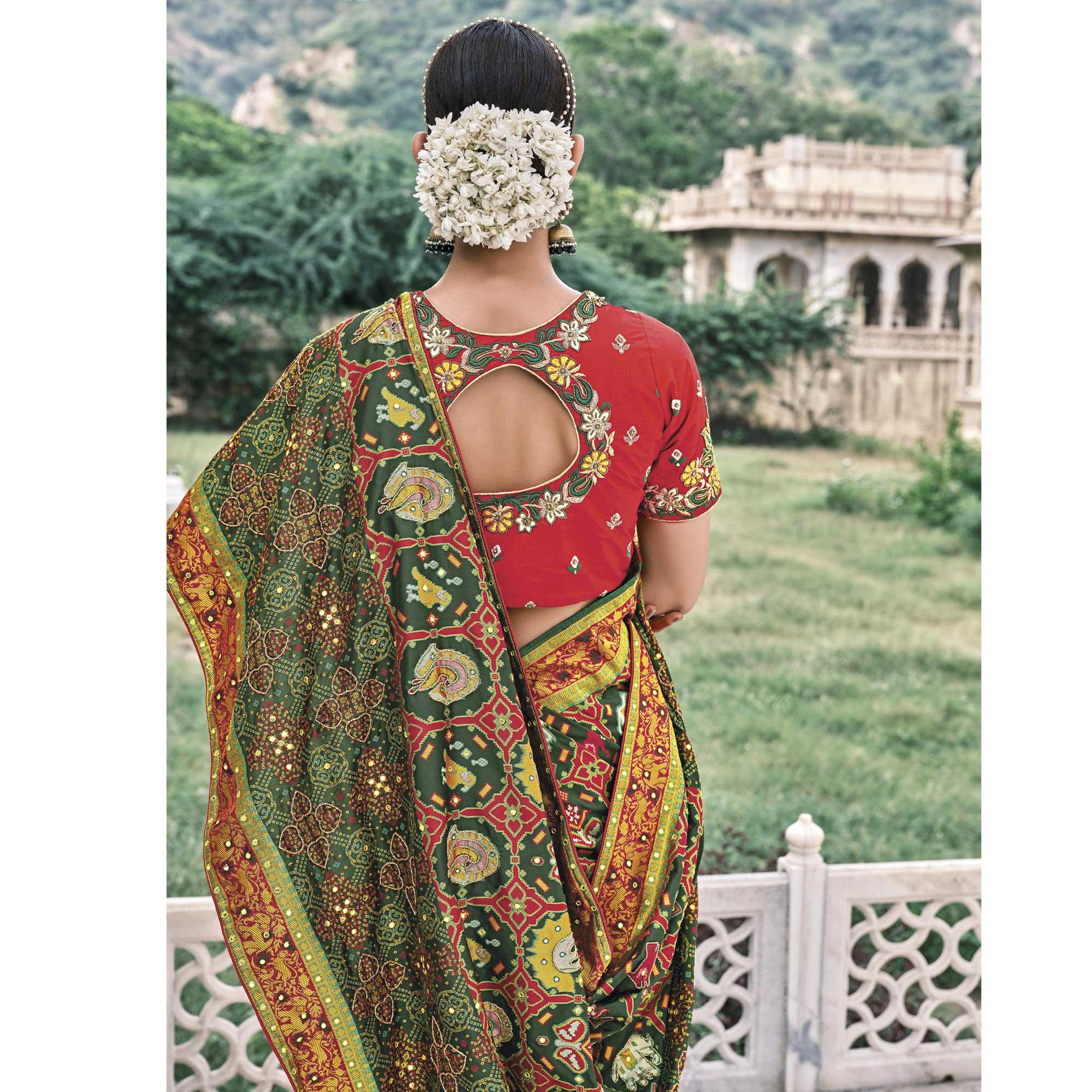 Green Festive Wear Plain & Hand Work  Pure Silk Saree - Peachmode