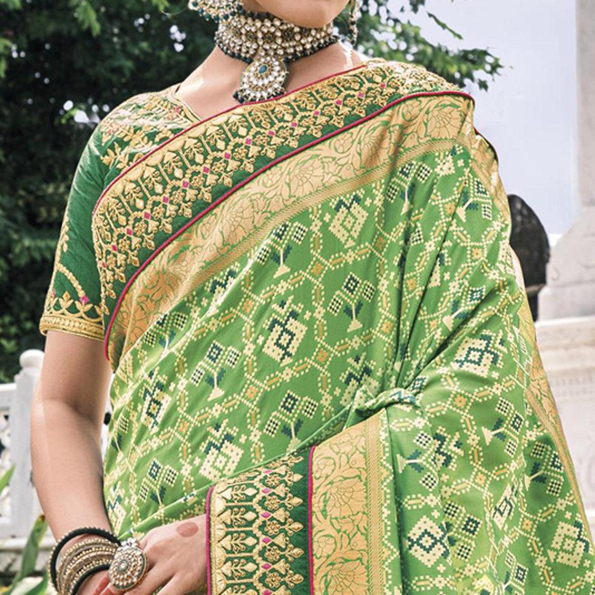 Green Festive Wear Plain & Hand Work  Pure Silk Saree - Peachmode