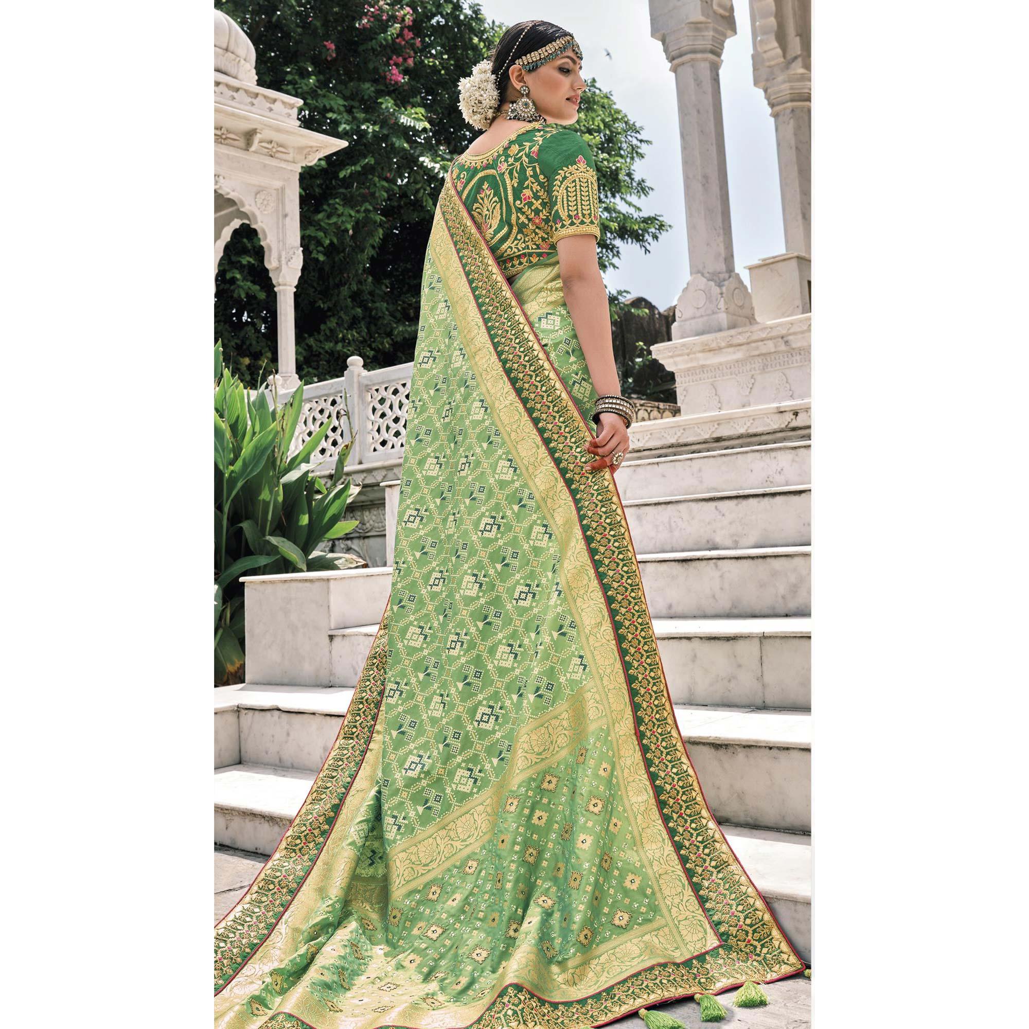Green Festive Wear Plain & Hand Work  Pure Silk Saree - Peachmode