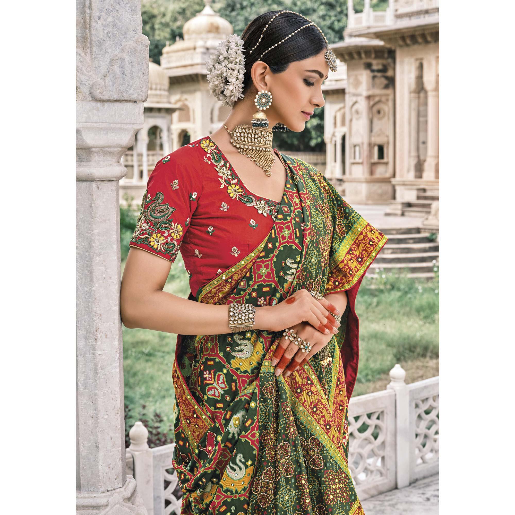 Green Festive Wear Plain & Hand Work  Pure Silk Saree - Peachmode