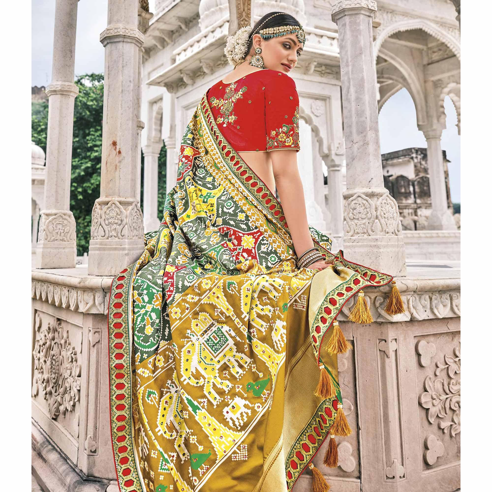 Green Festive Wear Plain & Hand Work  Pure Silk Saree - Peachmode