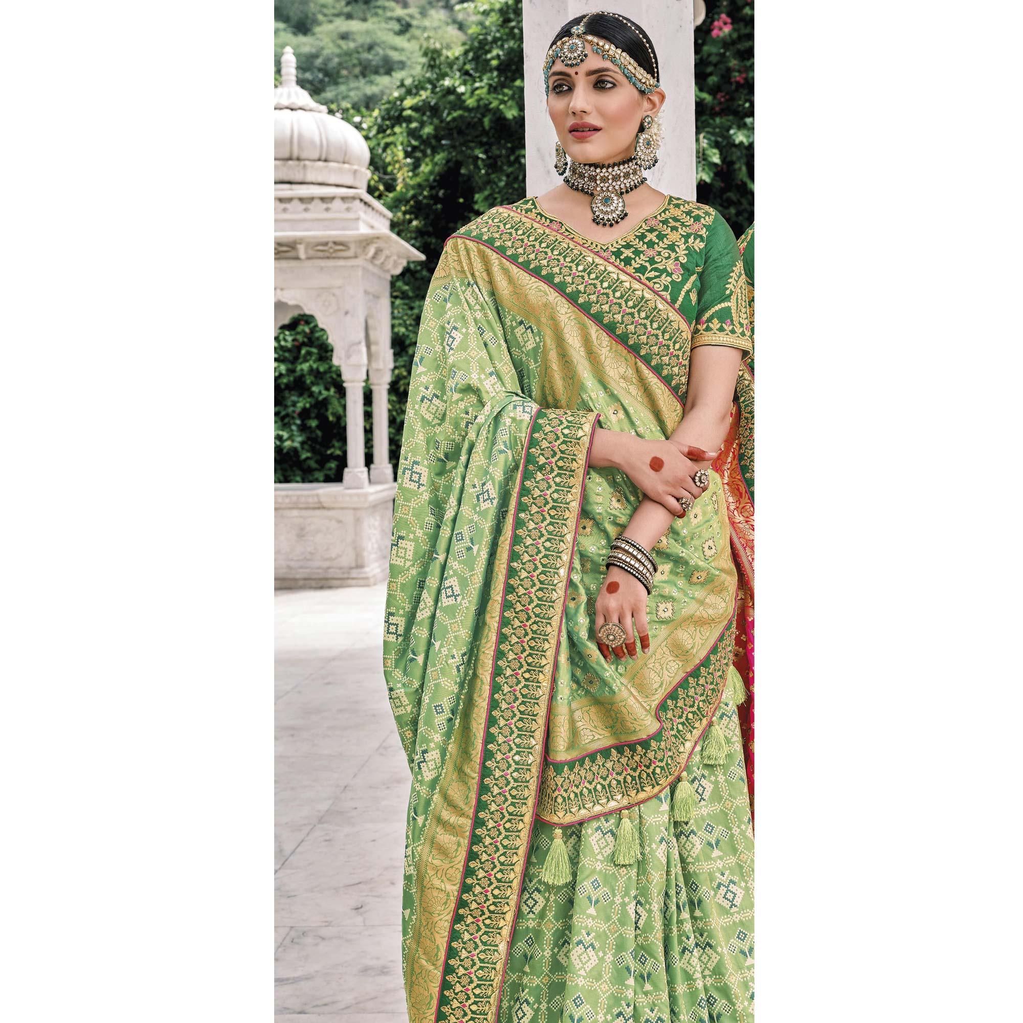 Green Festive Wear Plain & Hand Work  Pure Silk Saree - Peachmode
