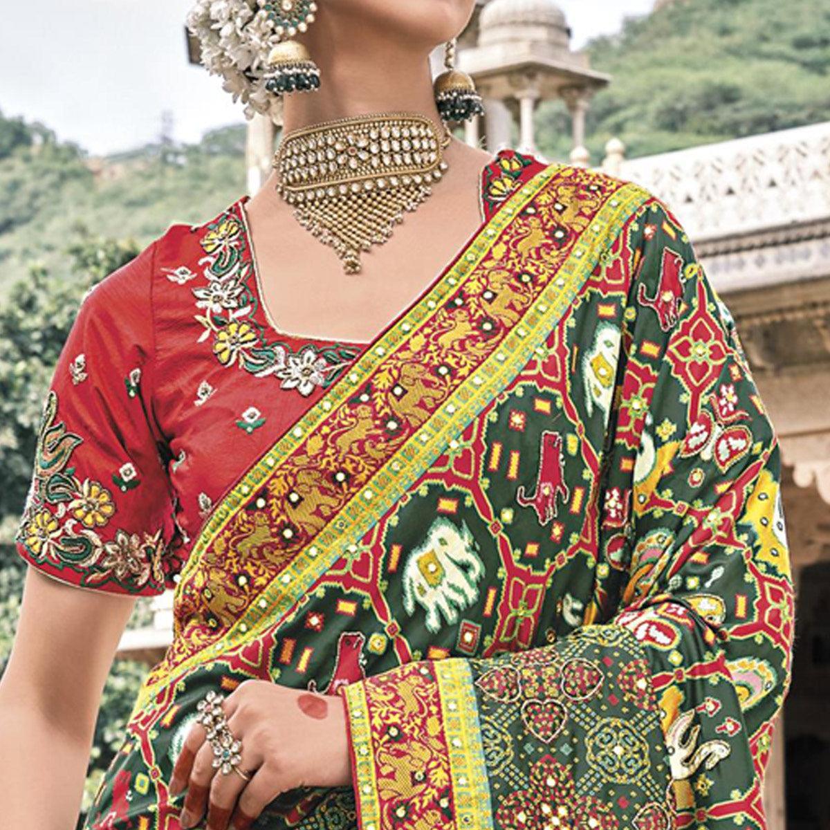 Green Festive Wear Plain & Hand Work  Pure Silk Saree - Peachmode