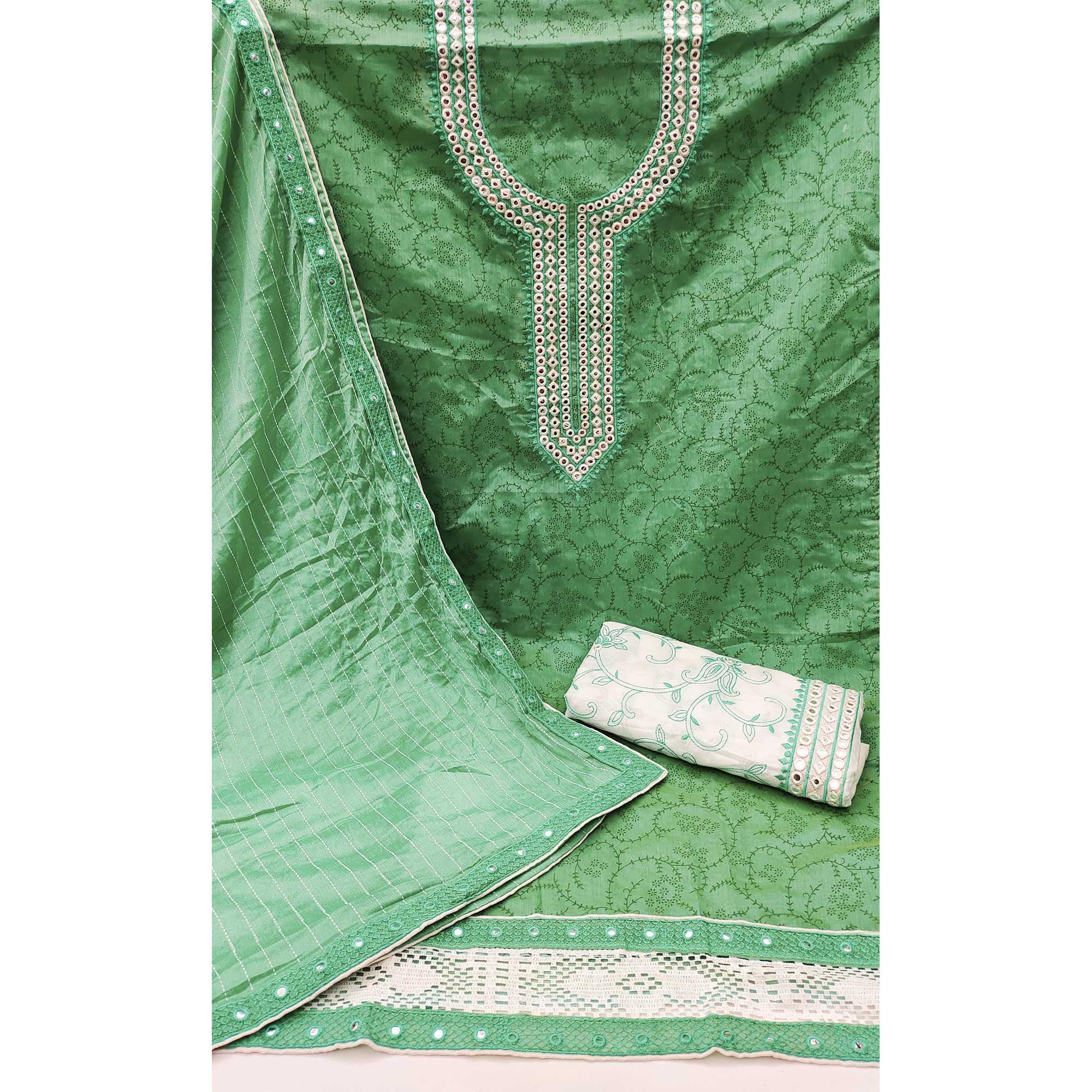 Green Festive Wear Print With Embroidered Chanderi Dress Material - Peachmode