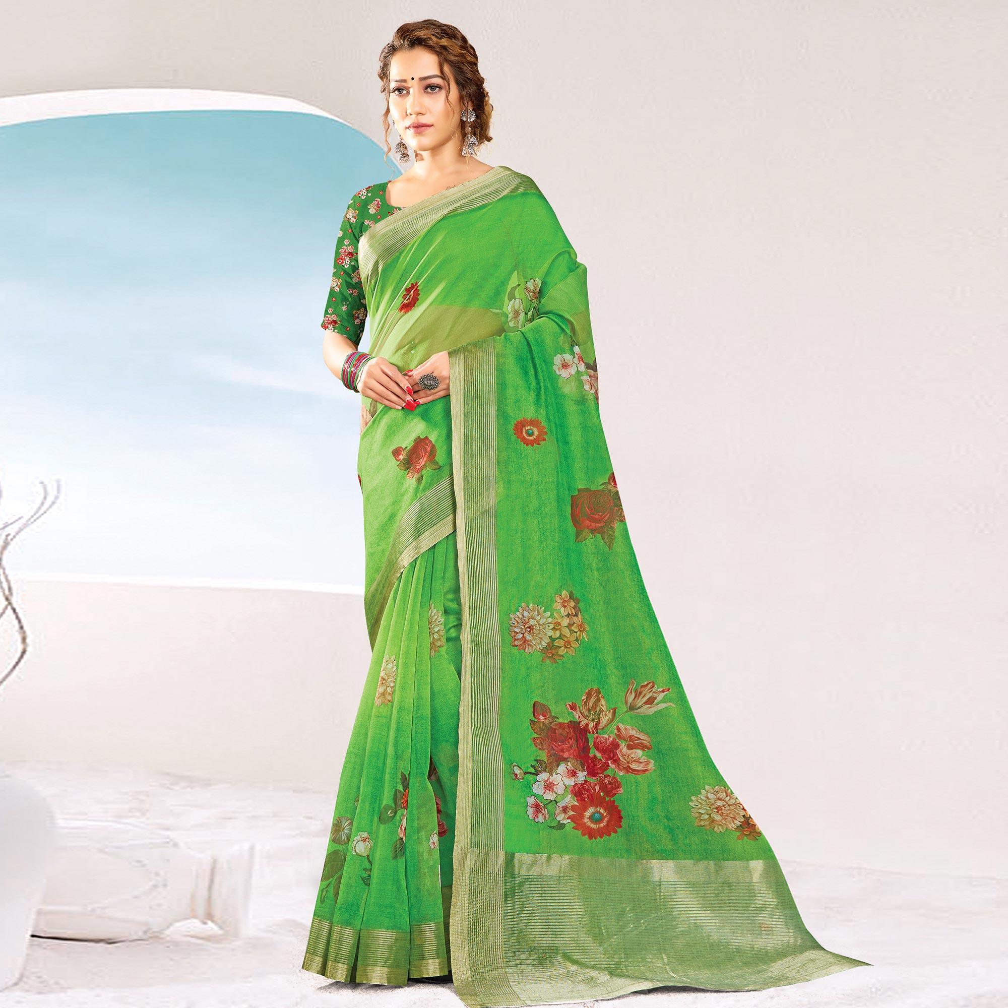 Green Festive Wear Printed & Woven Organza Saree - Peachmode