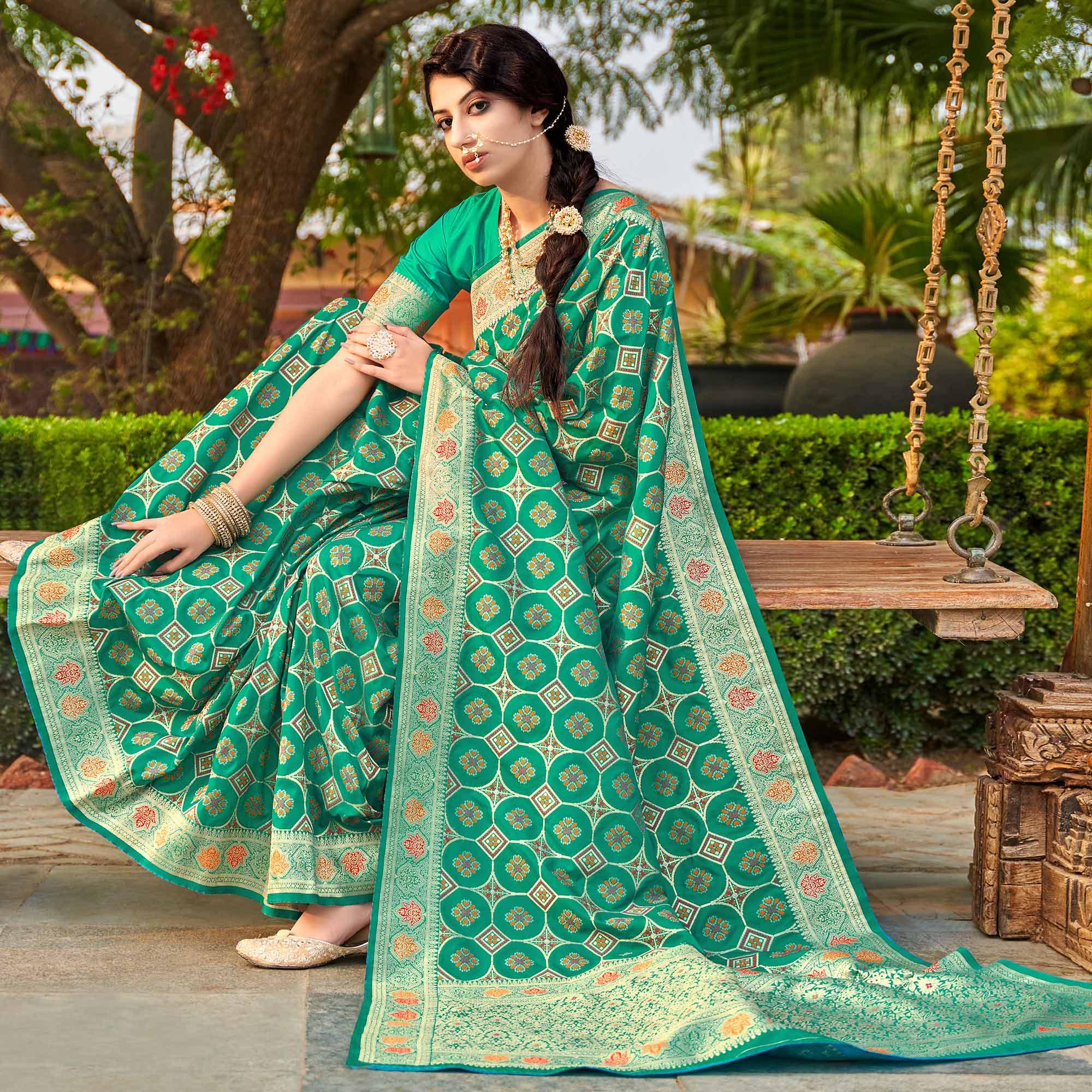 Green Festive Wear Printed Banarasi Soft Silk Saree - Peachmode