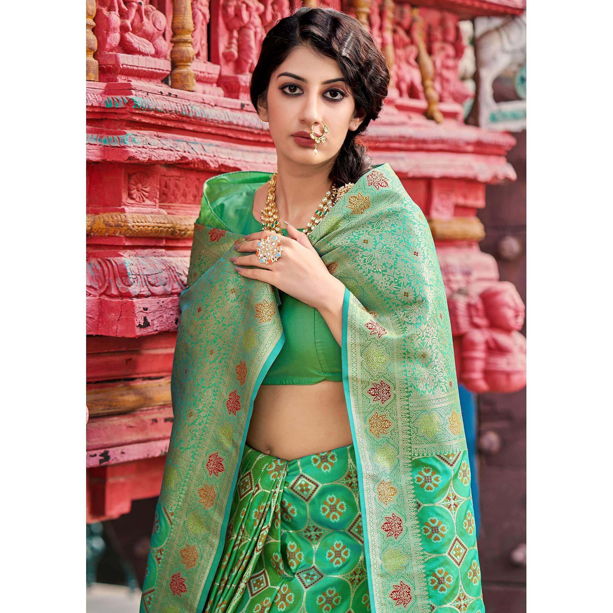Green Festive Wear Printed Banarasi Soft Silk Saree - Peachmode