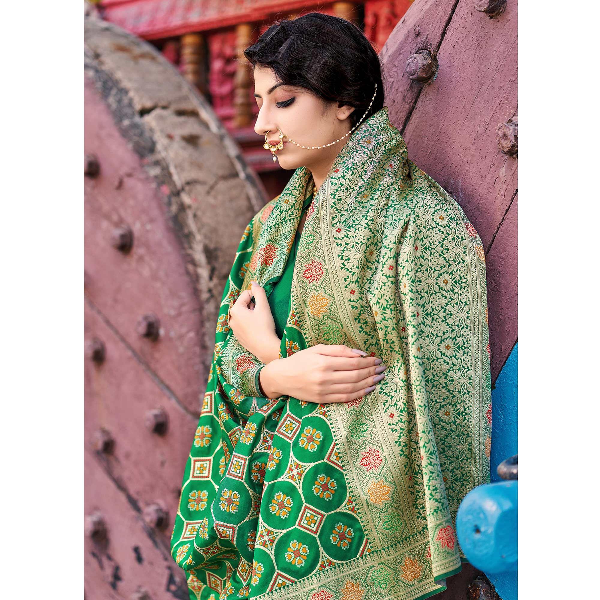 Green Festive Wear Printed Banarasi Soft Silk Saree - Peachmode