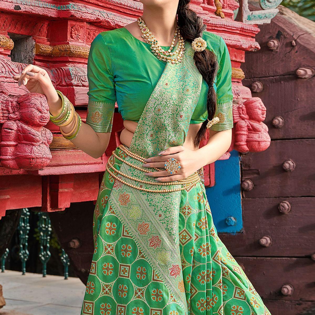 Green Festive Wear Printed Banarasi Soft Silk Saree - Peachmode