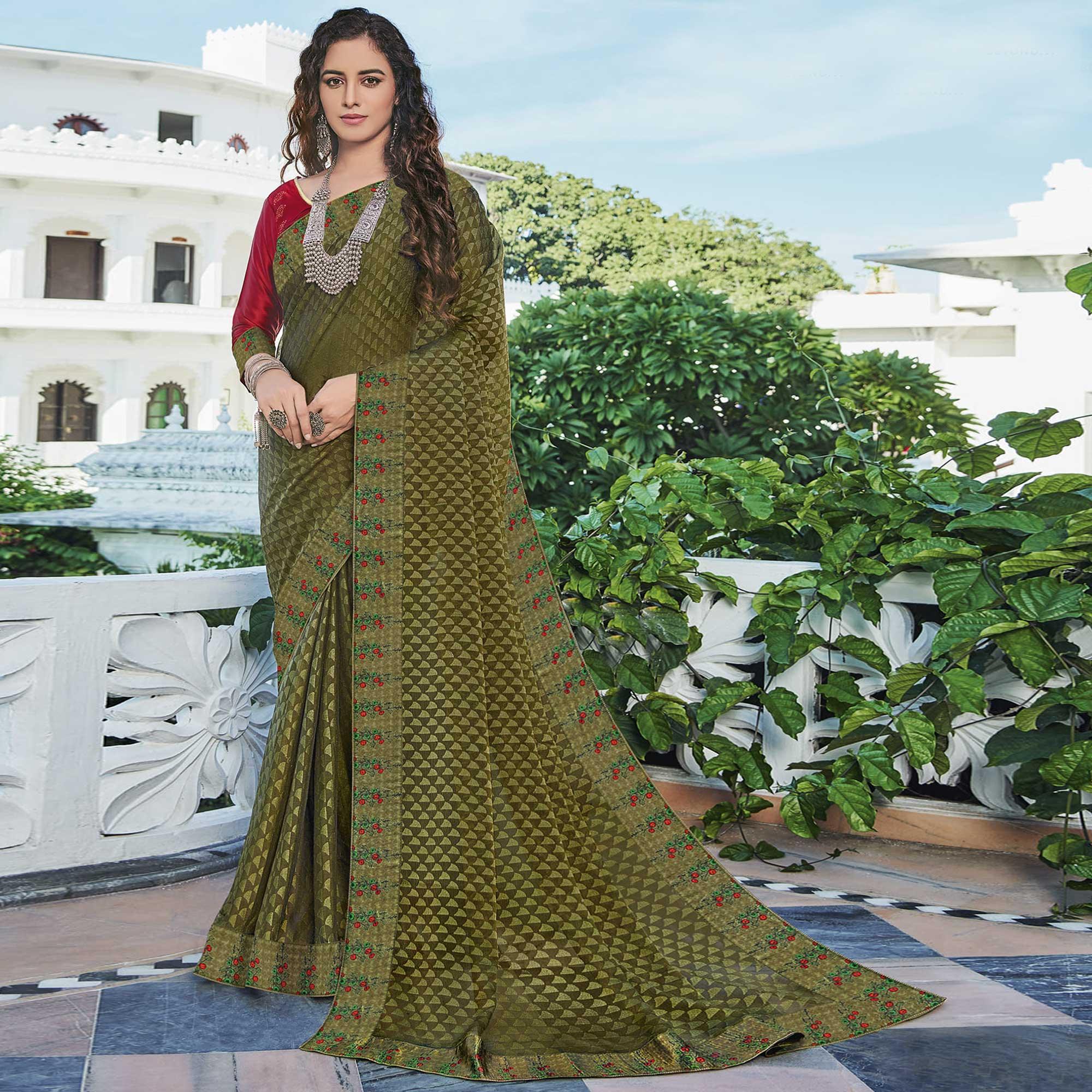 Green Festive Wear Printed Brasso Saree - Peachmode