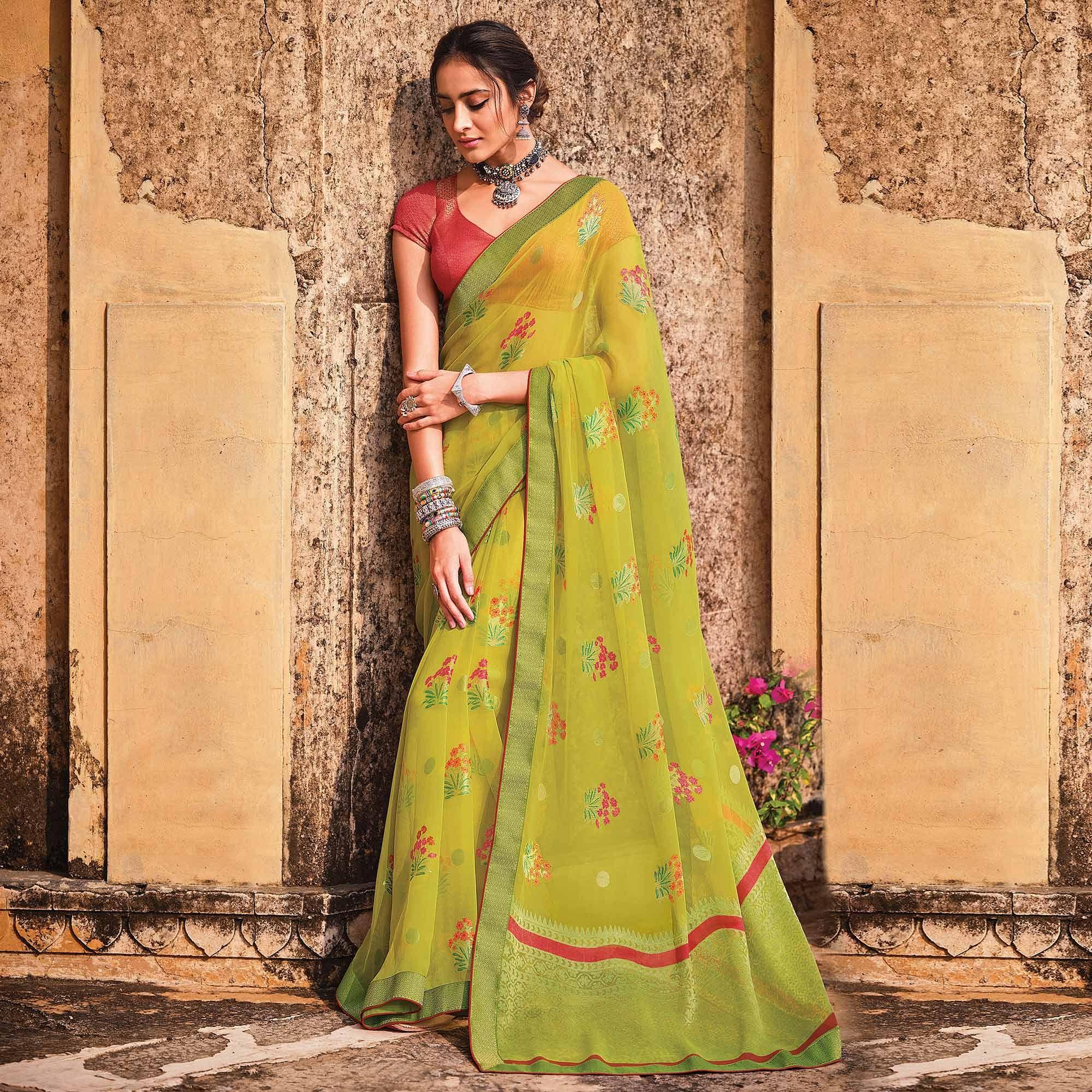 Green Festive Wear Printed Brasso Saree - Peachmode
