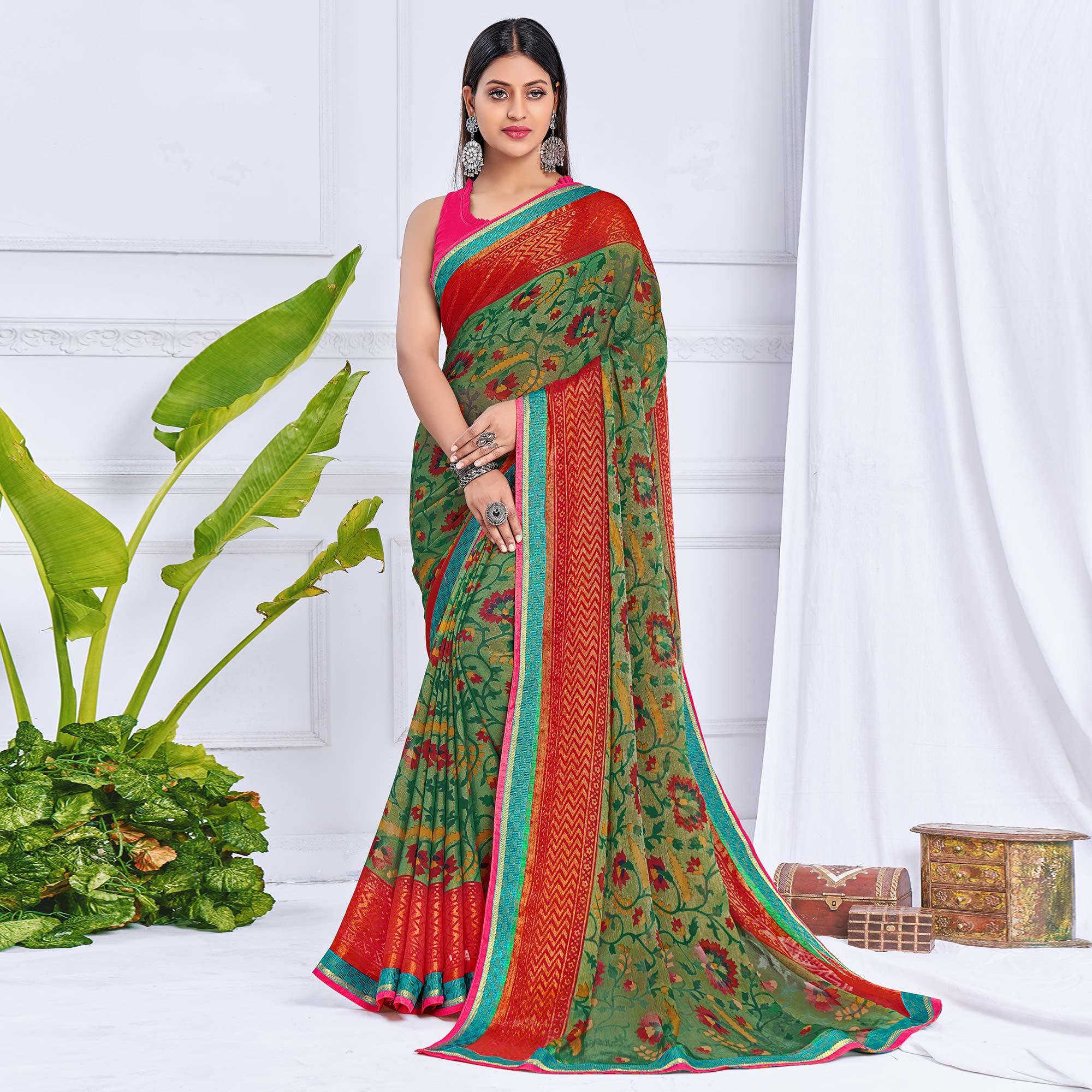 Green Festive Wear Printed Brasso Saree - Peachmode