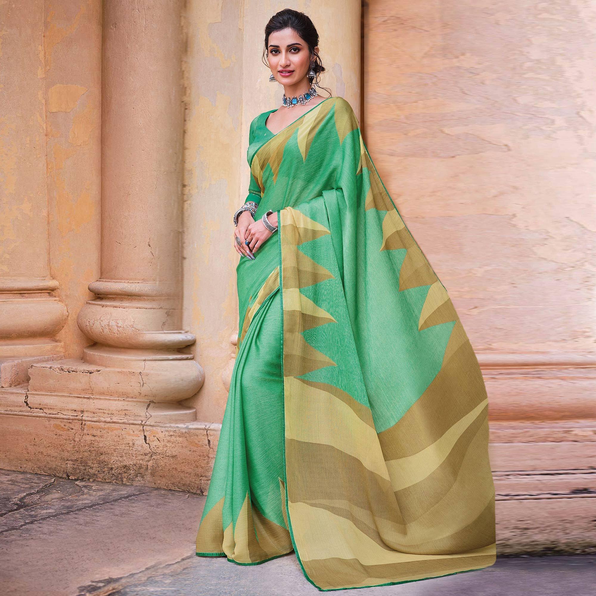 Green Festive Wear Printed Brasso Saree - Peachmode