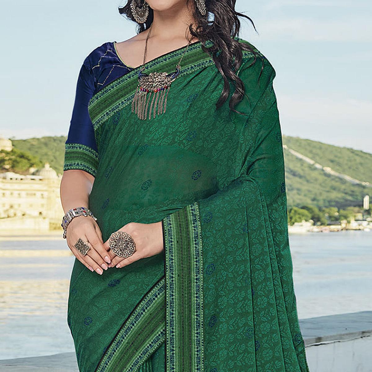 Green Festive Wear Printed Brasso Saree - Peachmode