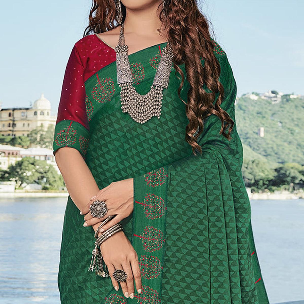Green Festive Wear Printed Brasso Saree - Peachmode