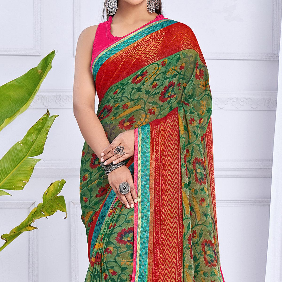 Green Festive Wear Printed Brasso Saree - Peachmode