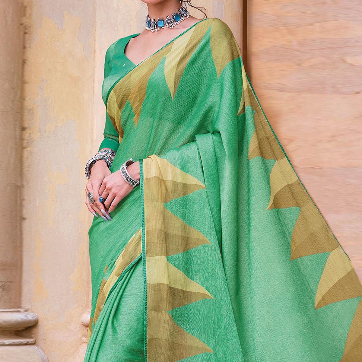 Green Festive Wear Printed Brasso Saree - Peachmode