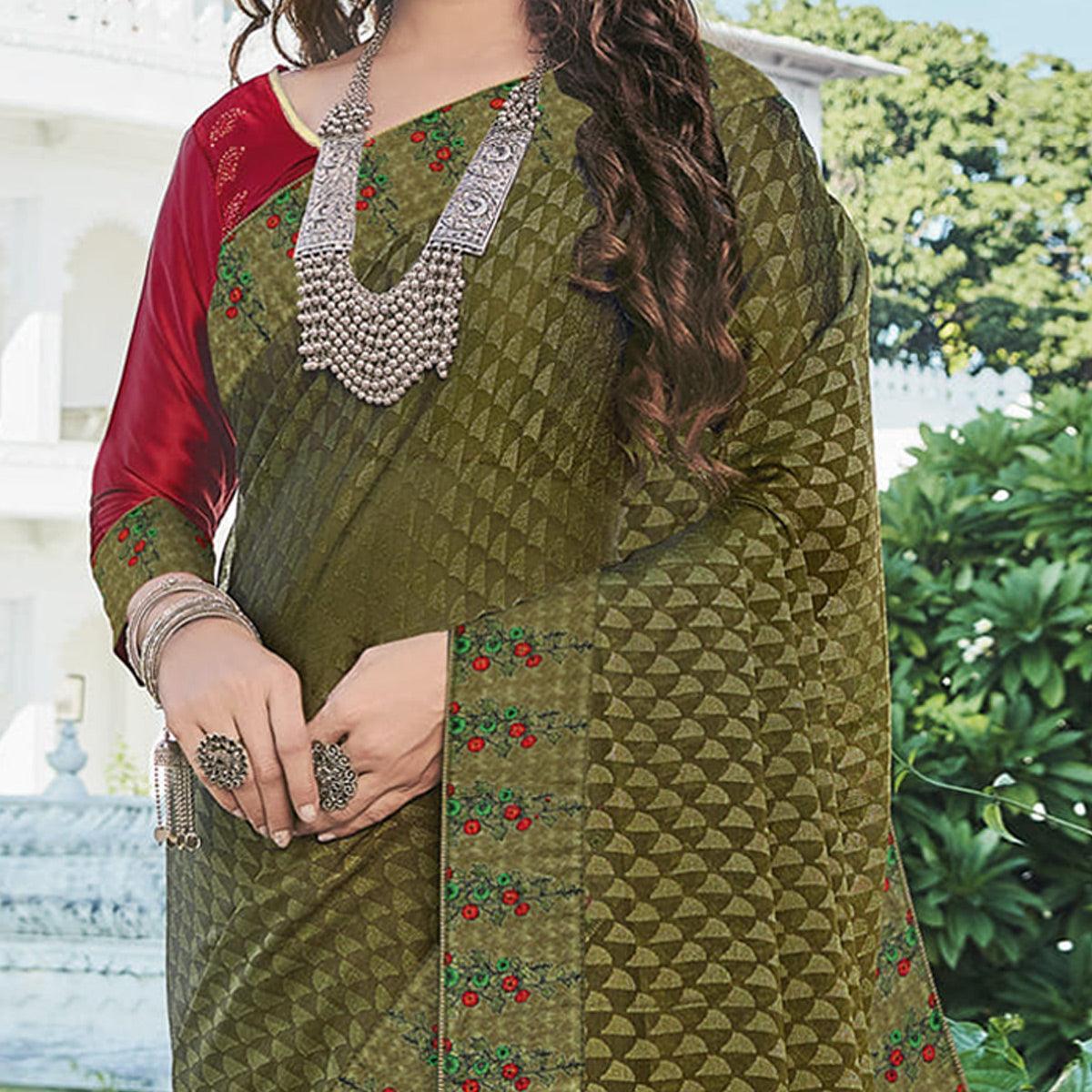 Green Festive Wear Printed Brasso Saree - Peachmode