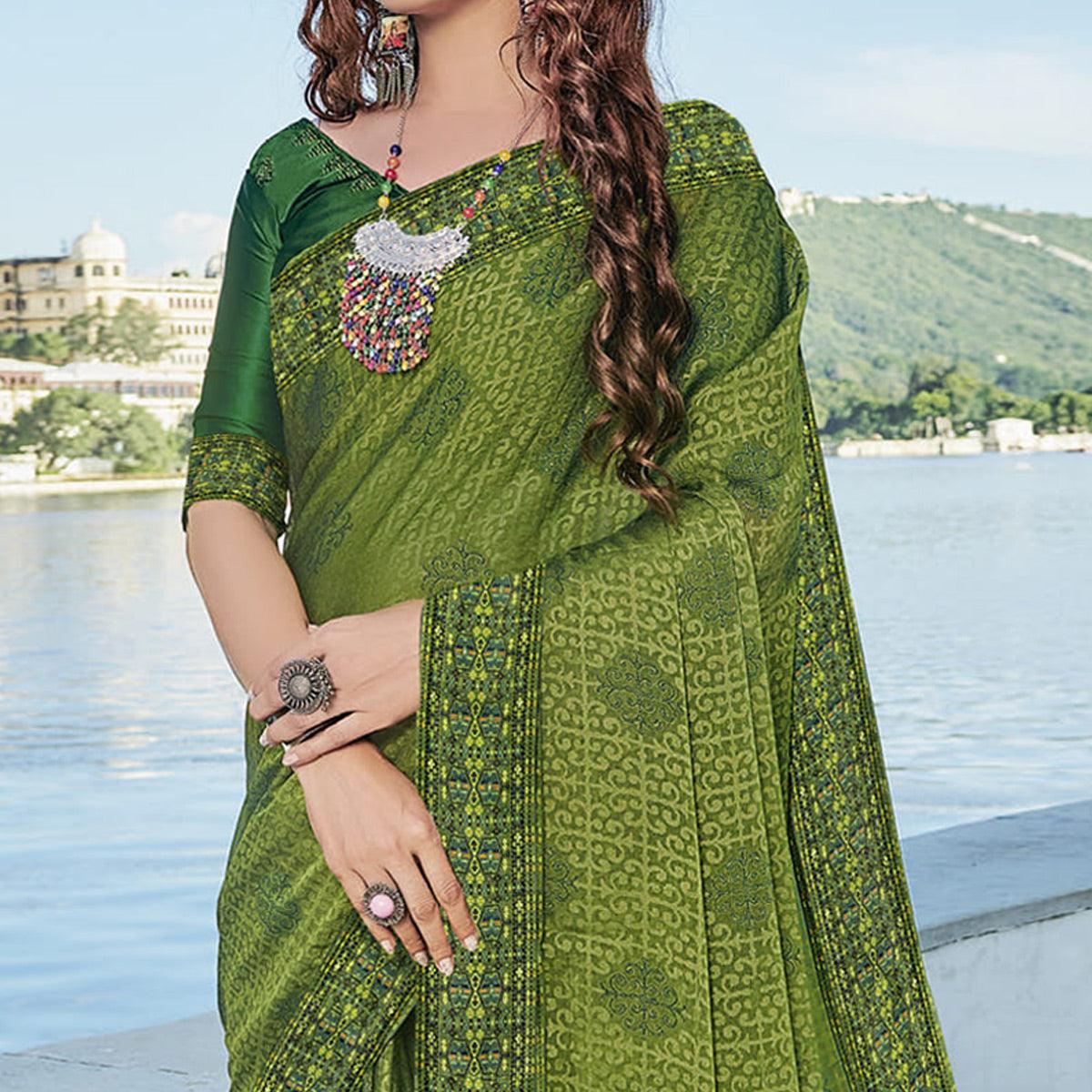 Green Festive Wear Printed Brasso Saree - Peachmode