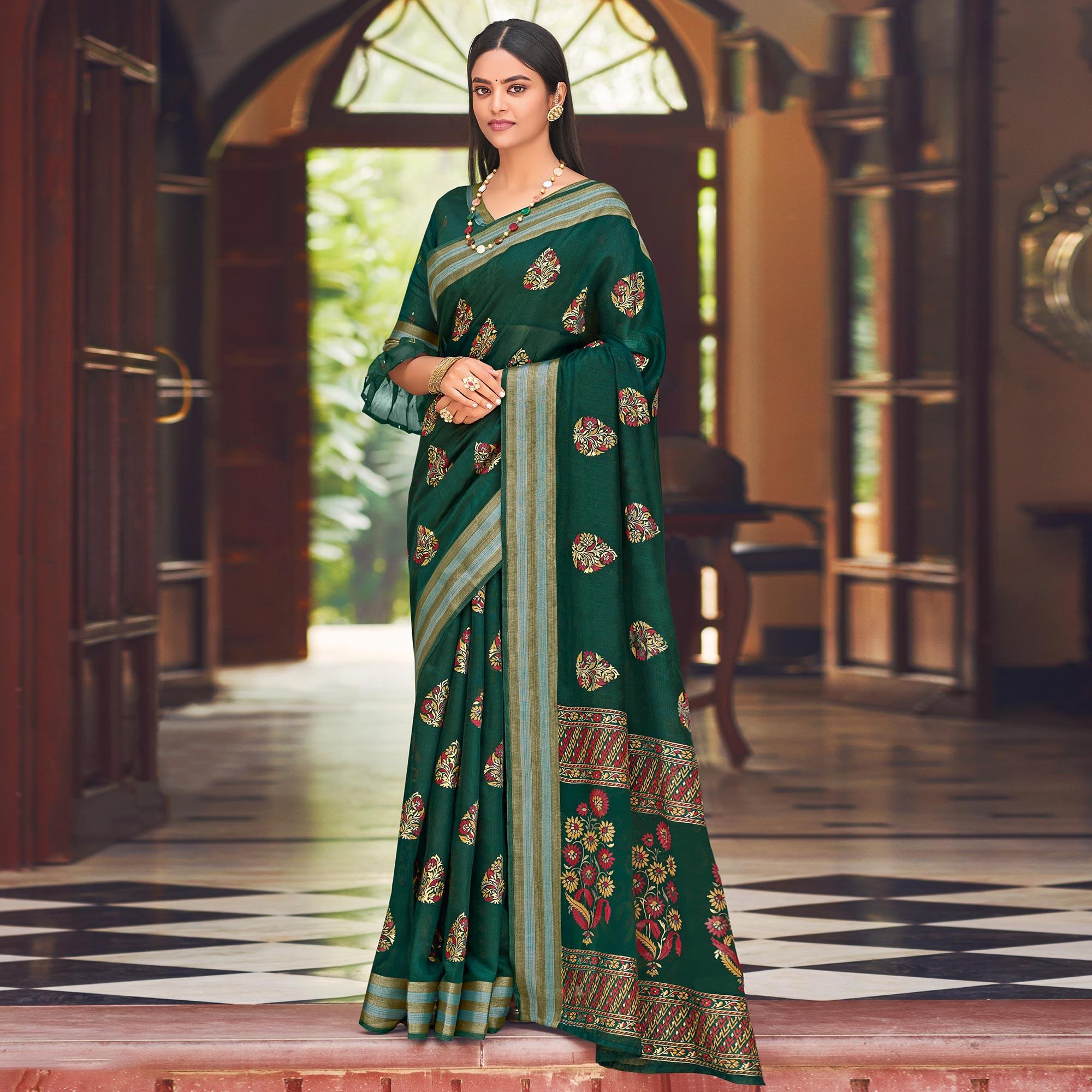 Green Festive Wear Printed Chanderi Silk Saree - Peachmode