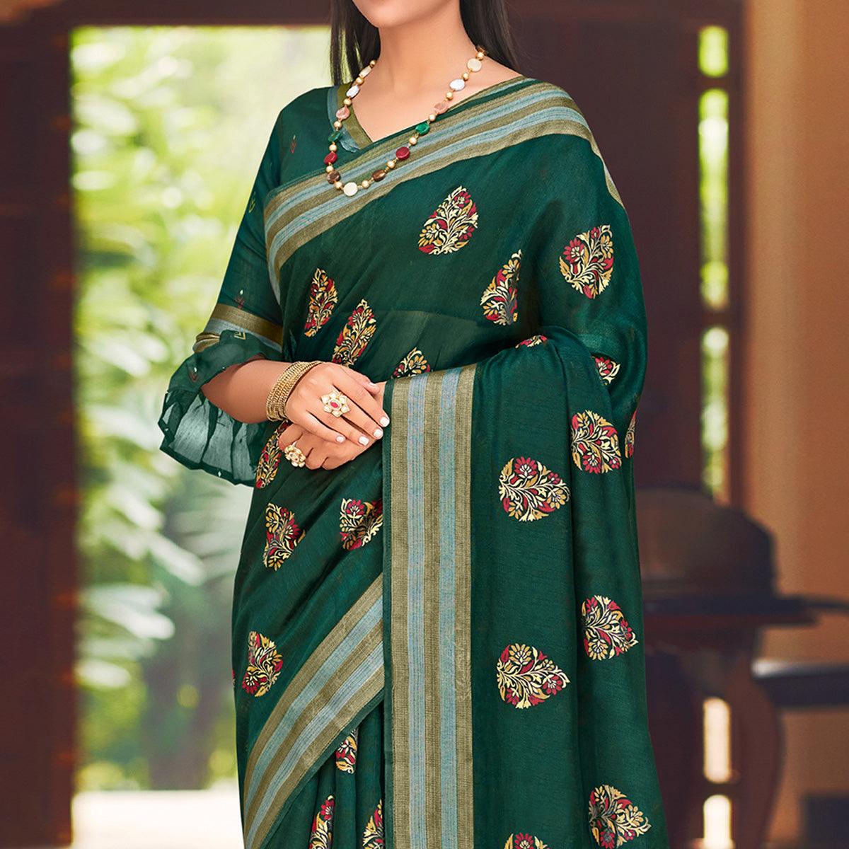 Green Festive Wear Printed Chanderi Silk Saree - Peachmode