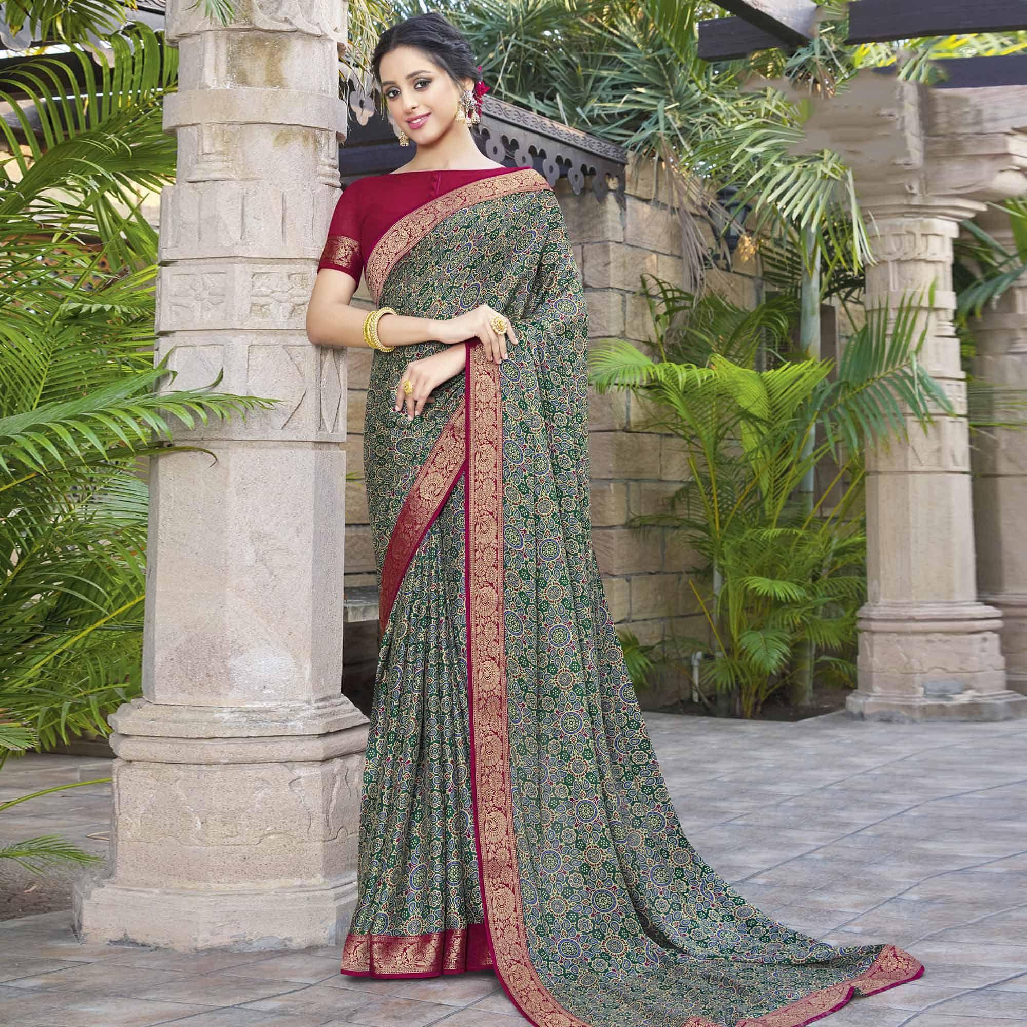Green Festive Wear Printed Chiffon Saree - Peachmode