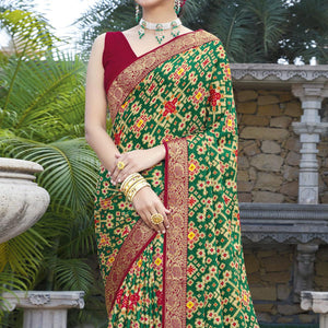 Green Festive Wear Printed Chiffon Saree - Peachmode
