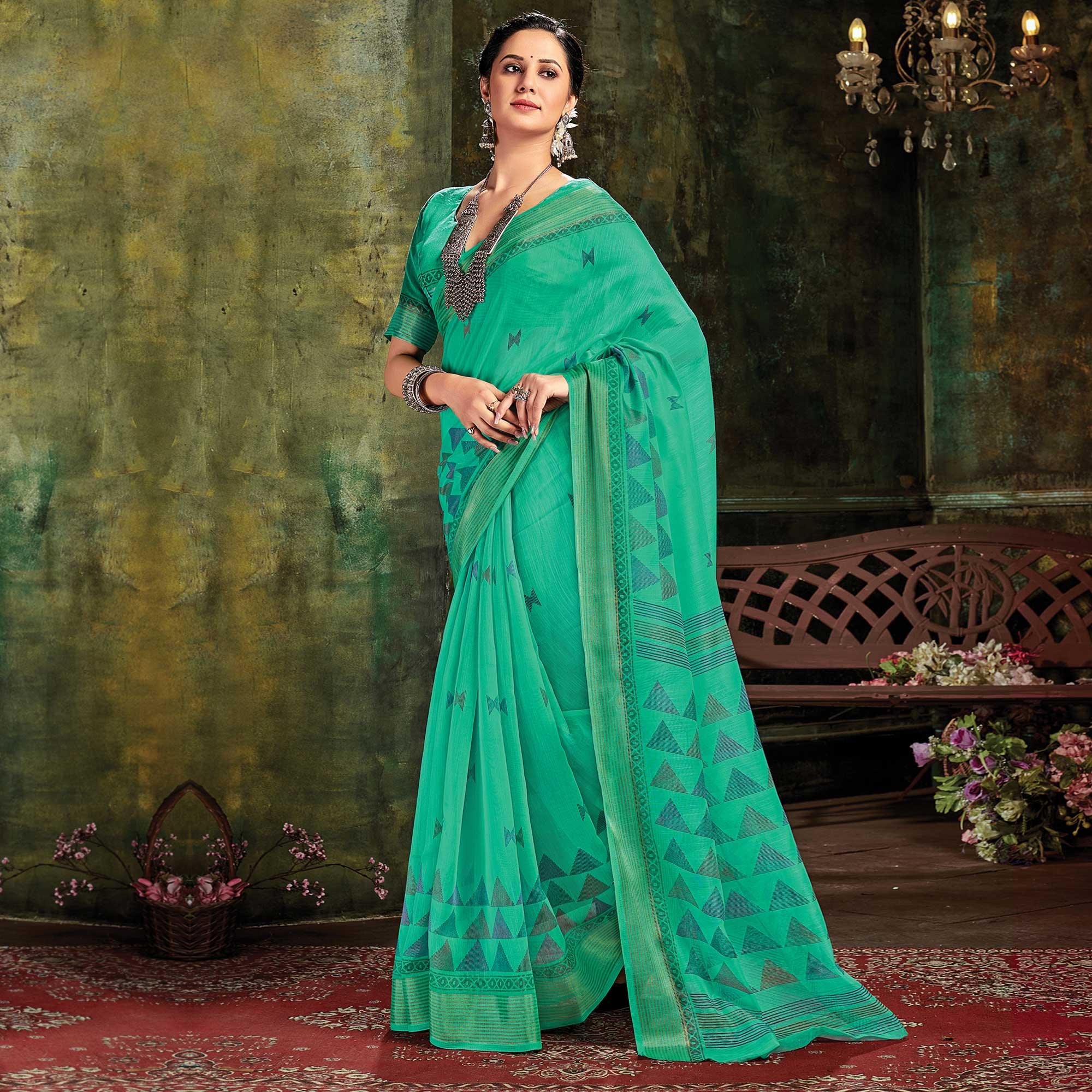 Green Festive Wear Printed Cotton Saree - Peachmode