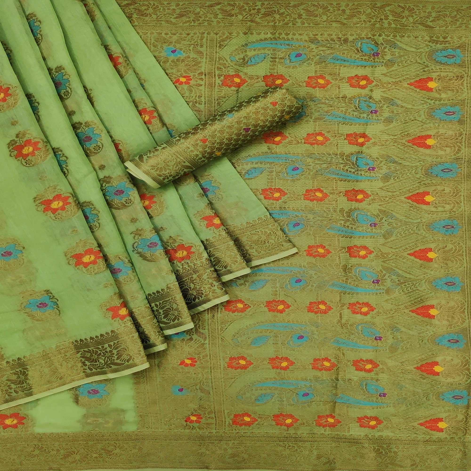 Green Festive Wear Printed Cotton Saree - Peachmode