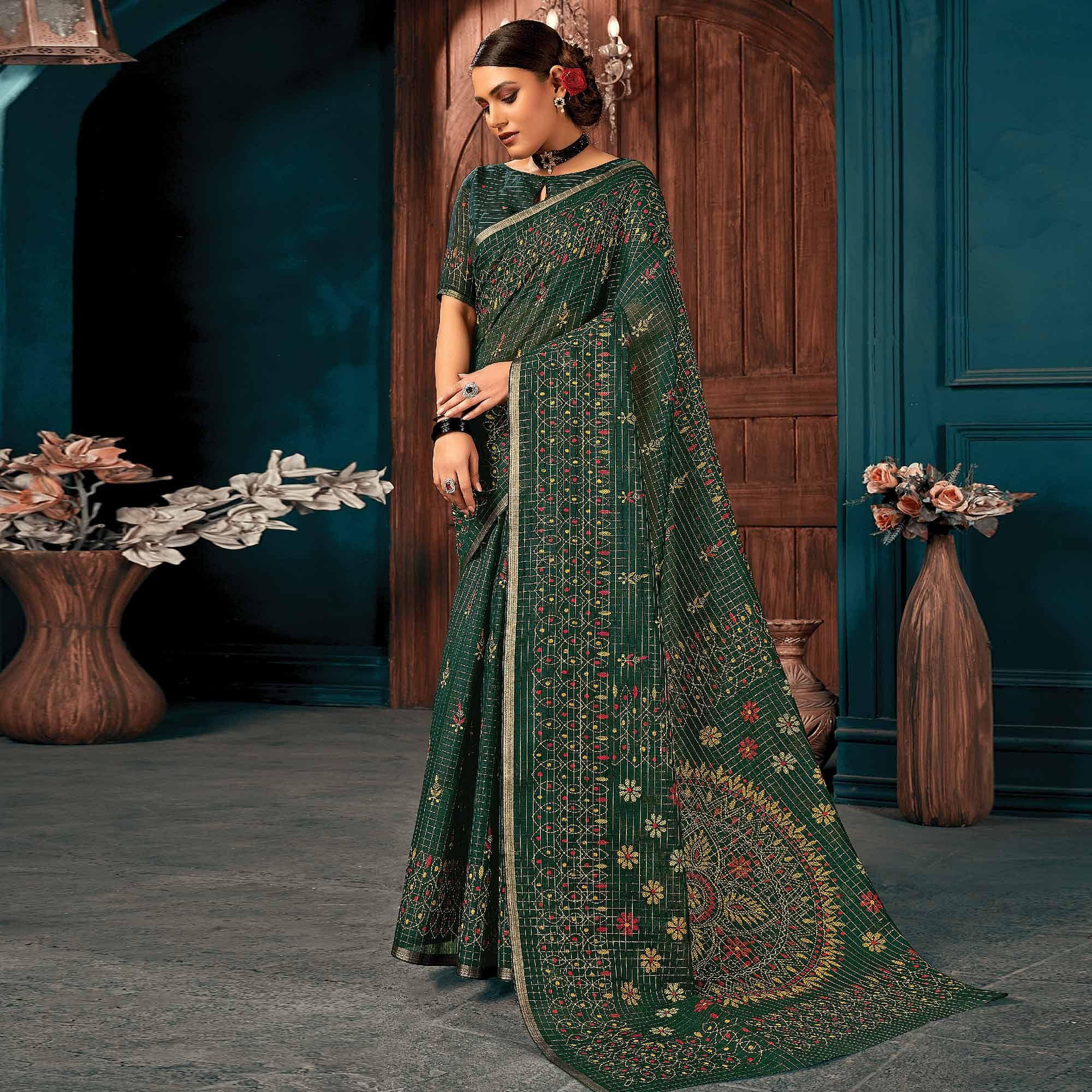 Green Festive Wear Printed Cotton Saree - Peachmode
