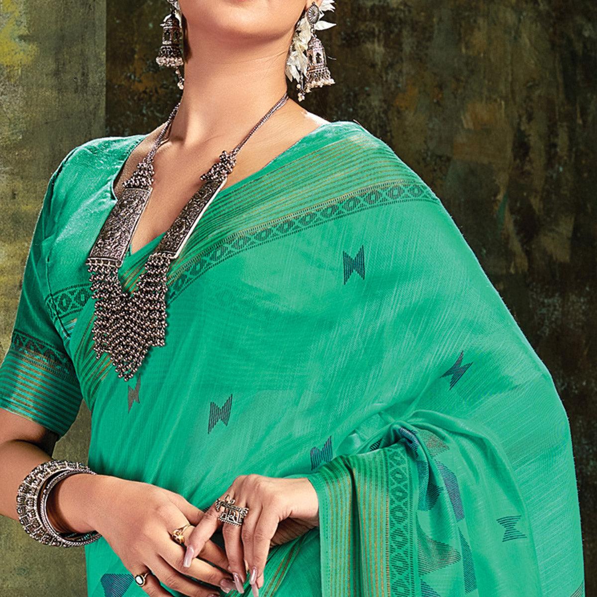 Green Festive Wear Printed Cotton Saree - Peachmode