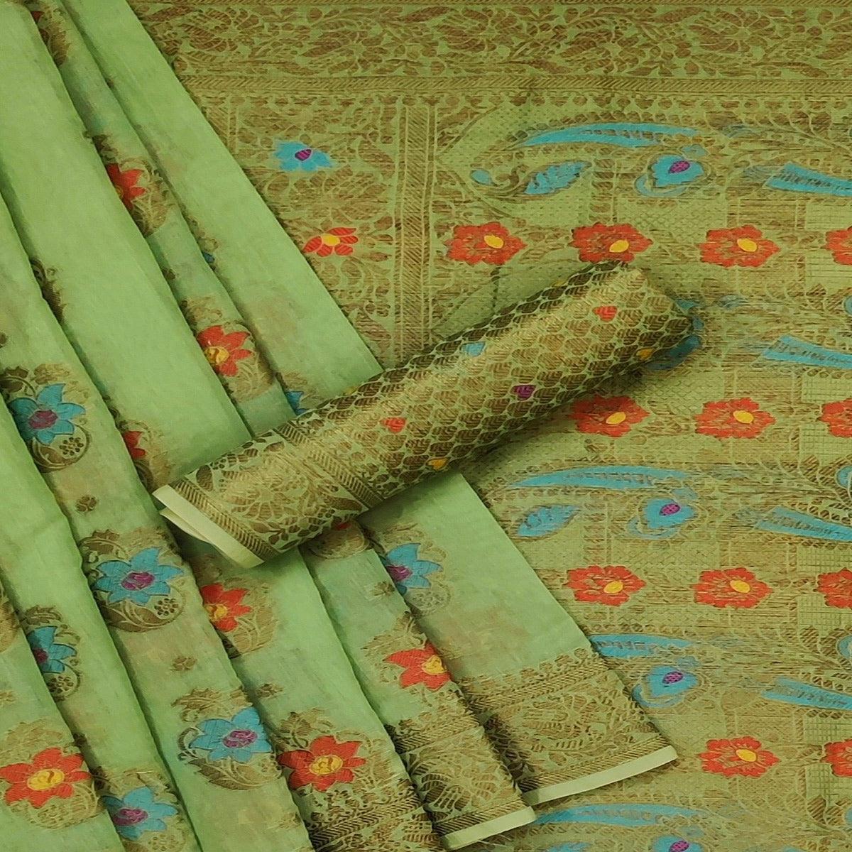 Green Festive Wear Printed Cotton Saree - Peachmode