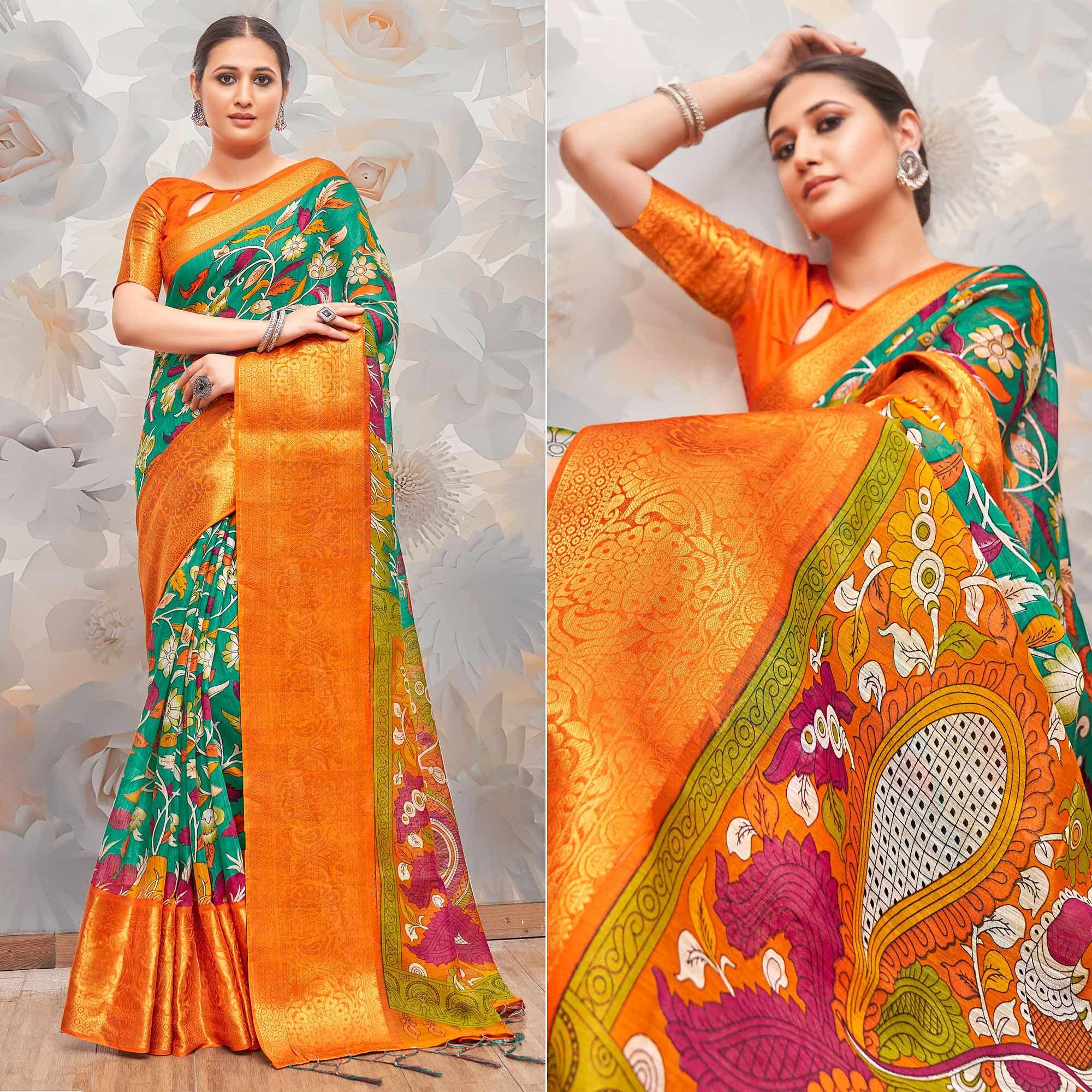 Green Festive Wear Printed Cotton Silk Saree - Peachmode