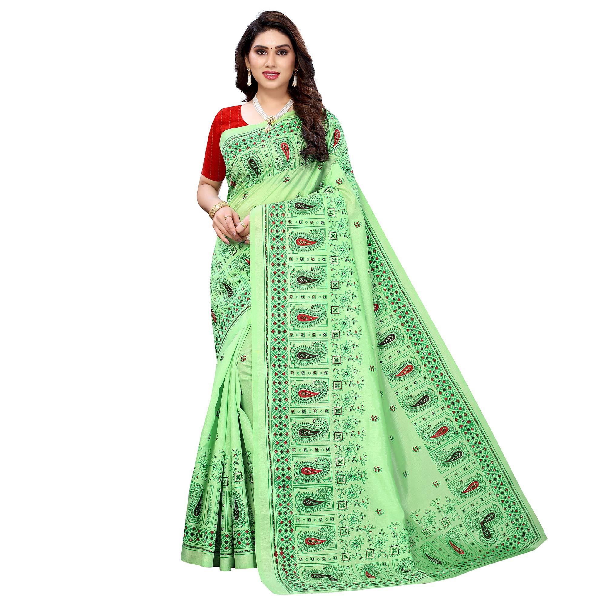 Green Festive Wear Printed Cotton Silk Saree - Peachmode