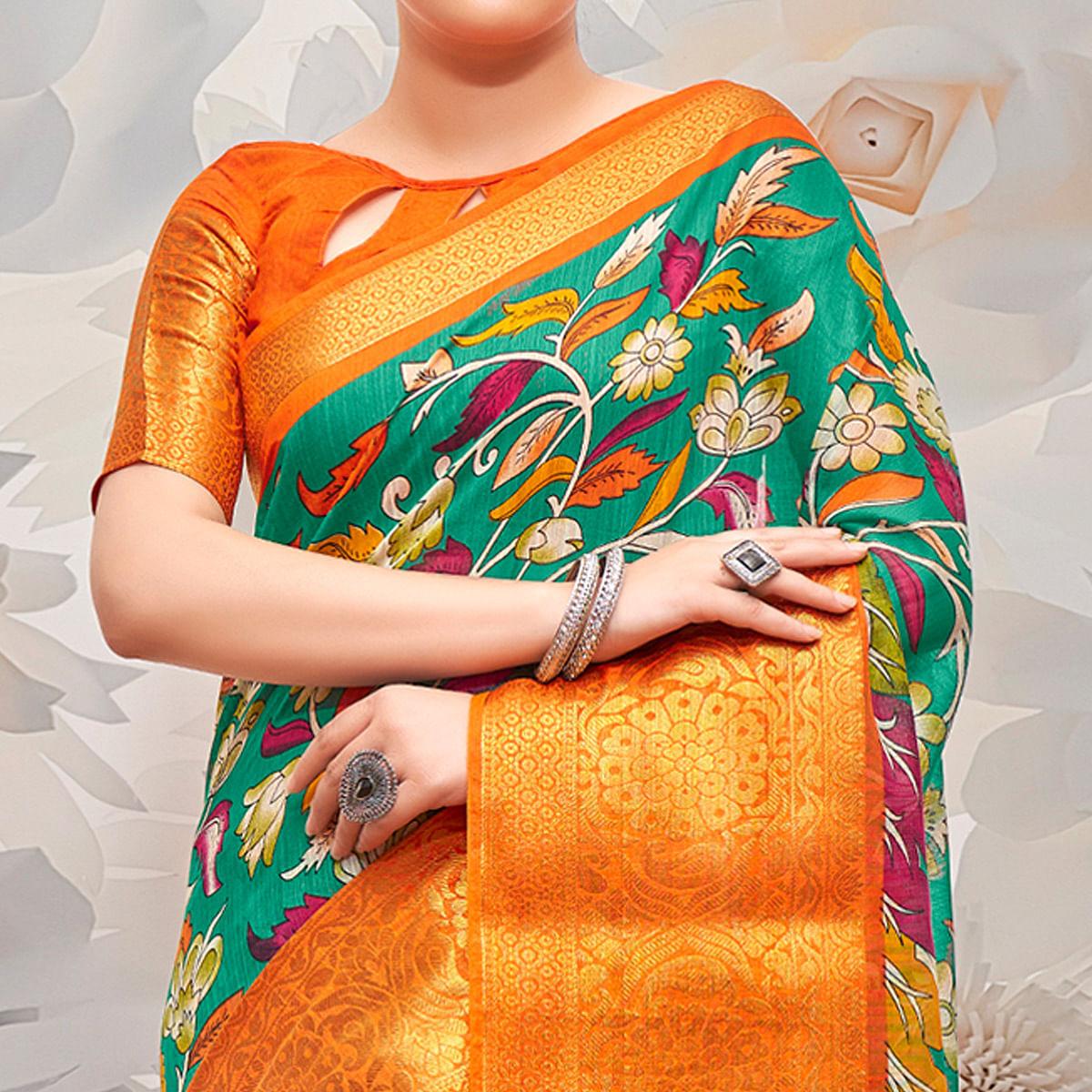 Green Festive Wear Printed Cotton Silk Saree - Peachmode