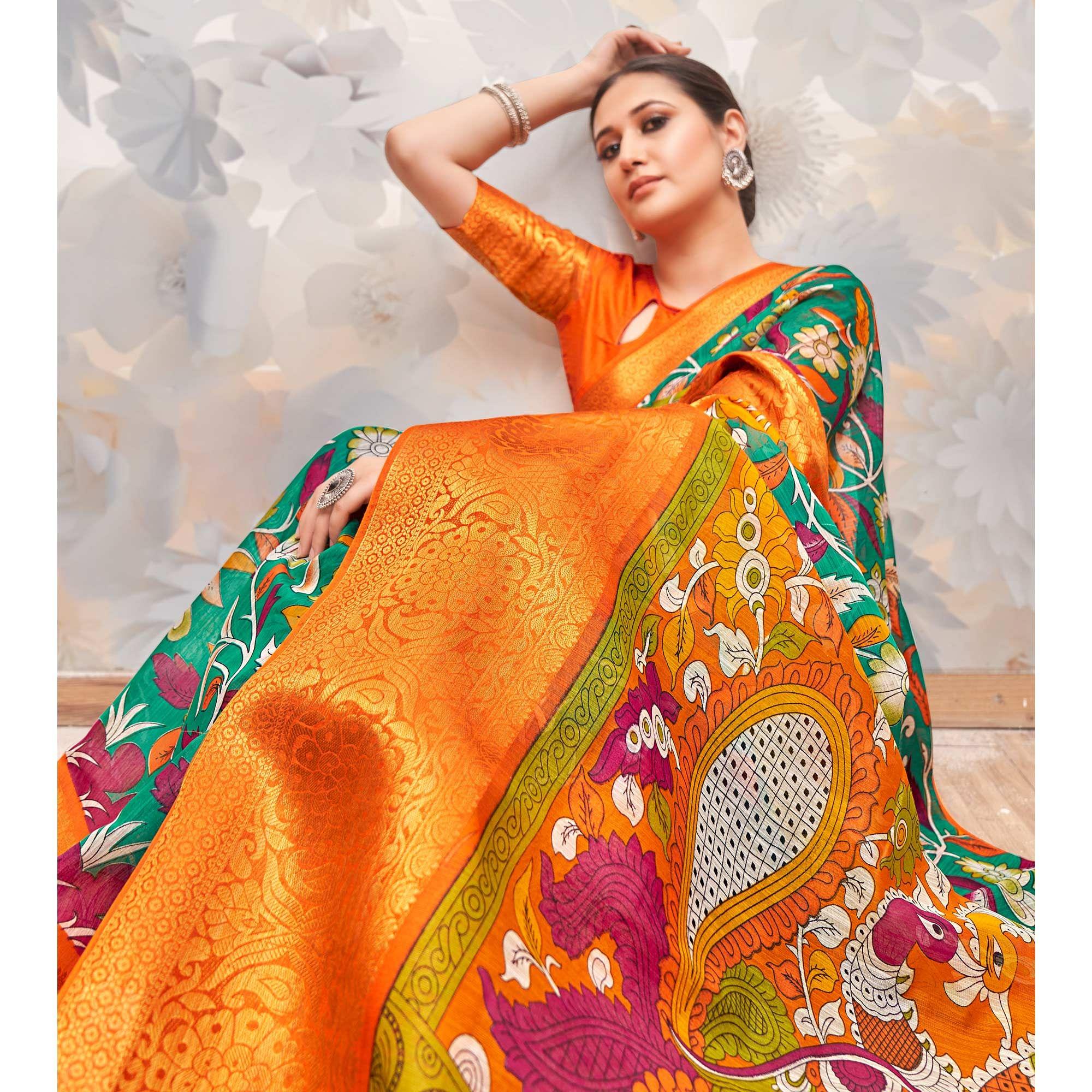Green Festive Wear Printed Cotton Silk Saree - Peachmode