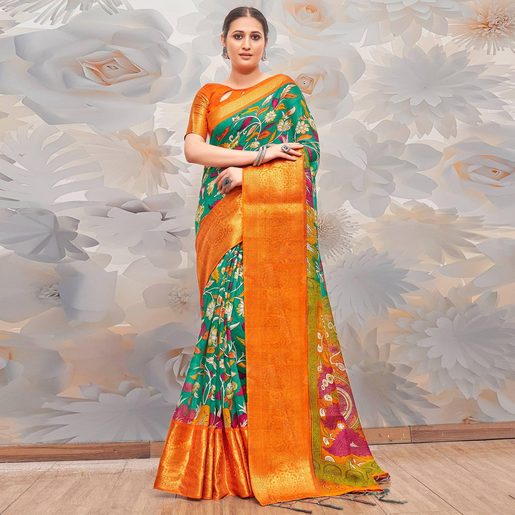 Green Festive Wear Printed Cotton Silk Saree - Peachmode