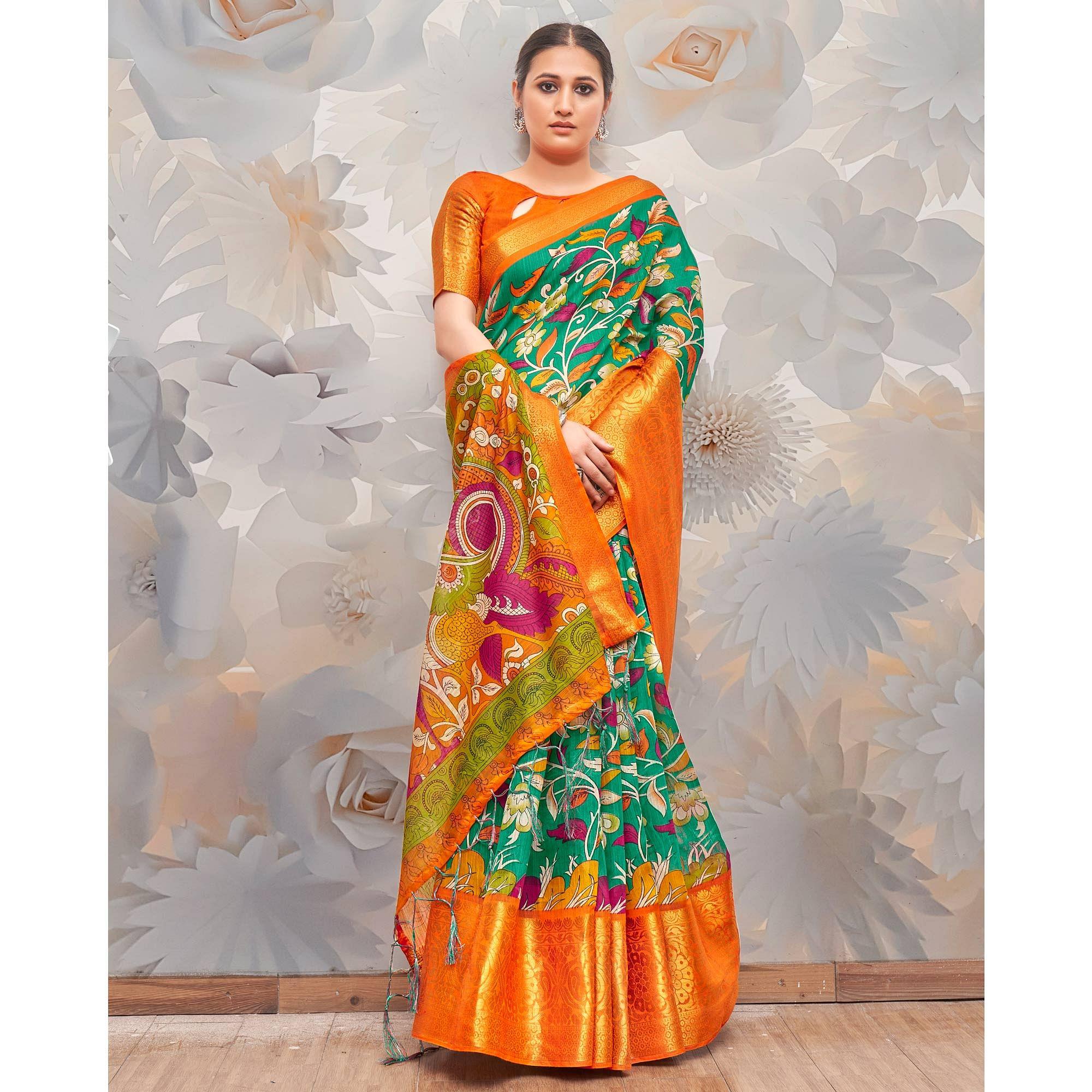 Green Festive Wear Printed Cotton Silk Saree - Peachmode