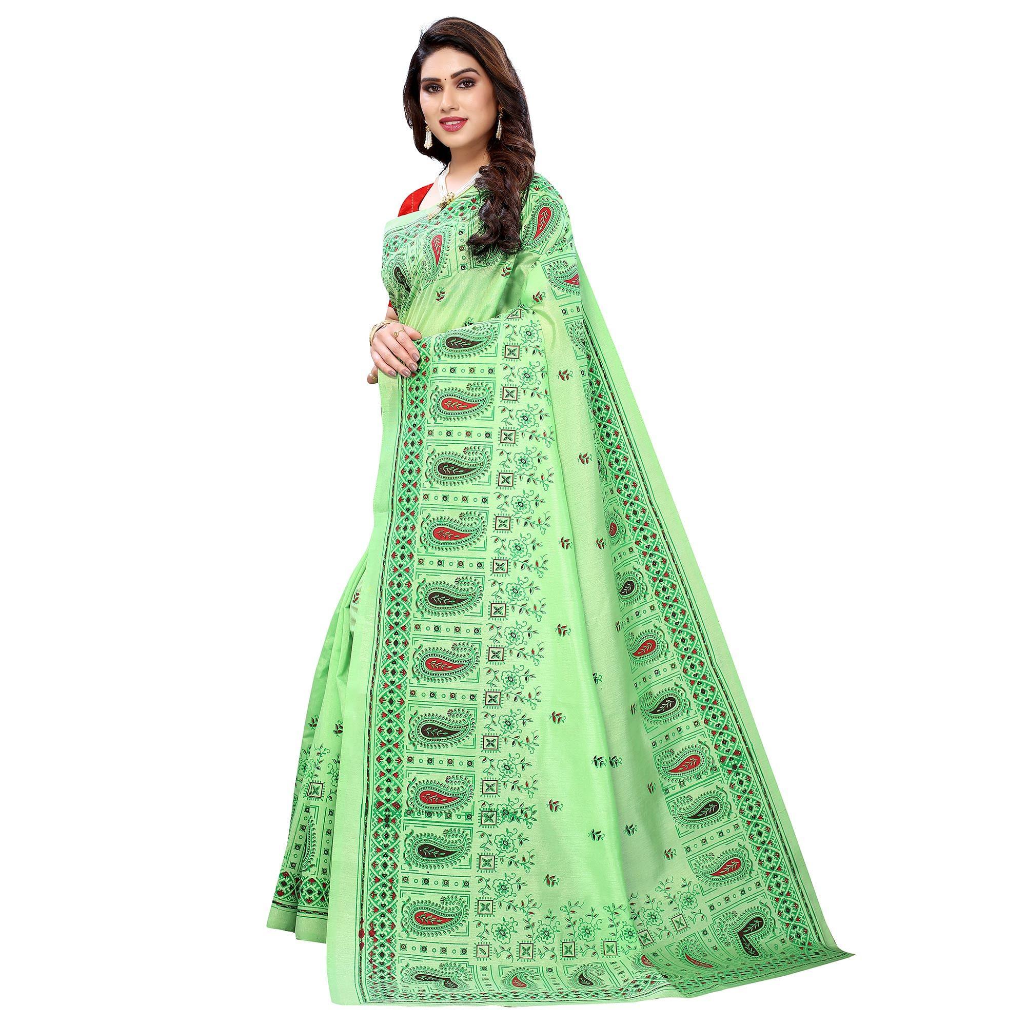 Green Festive Wear Printed Cotton Silk Saree - Peachmode