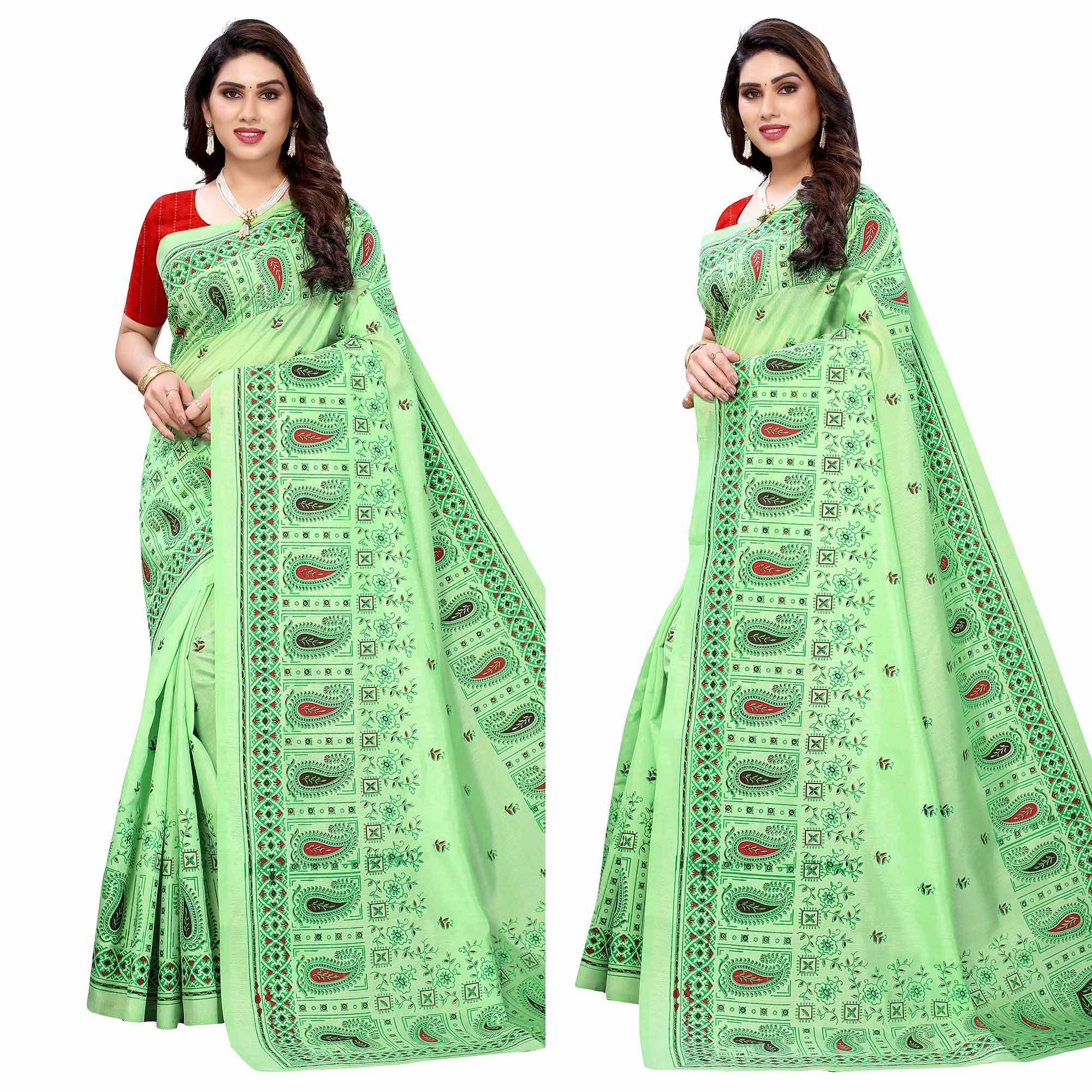 Green Festive Wear Printed Cotton Silk Saree - Peachmode