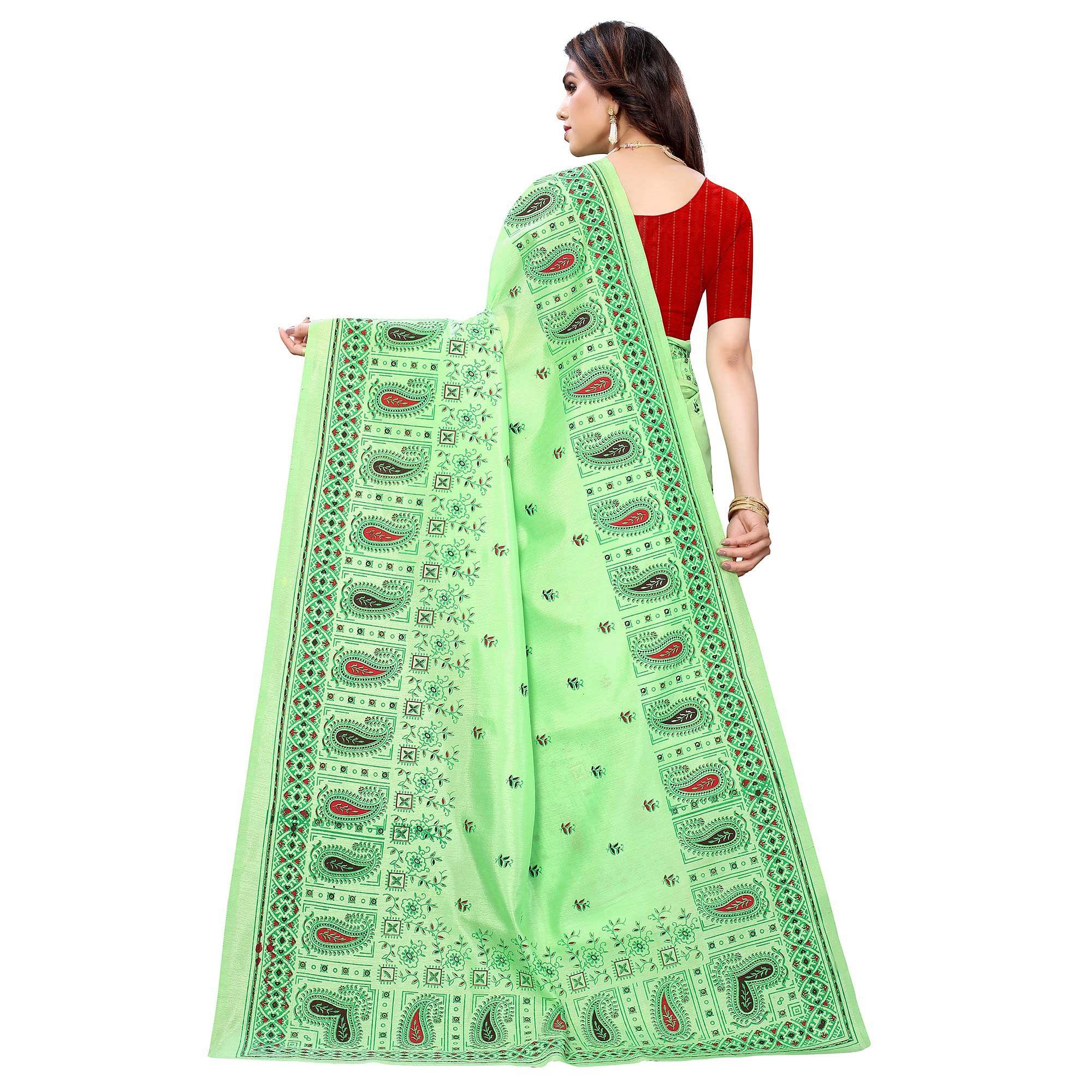 Green Festive Wear Printed Cotton Silk Saree - Peachmode