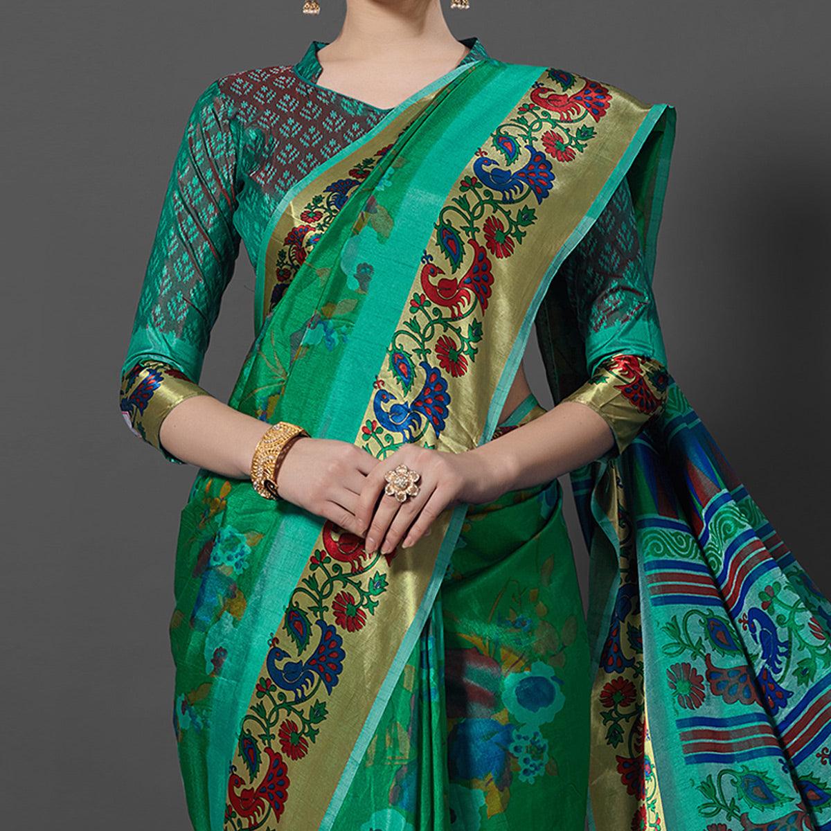Green Festive Wear Printed Dhakai Silk Saree - Peachmode