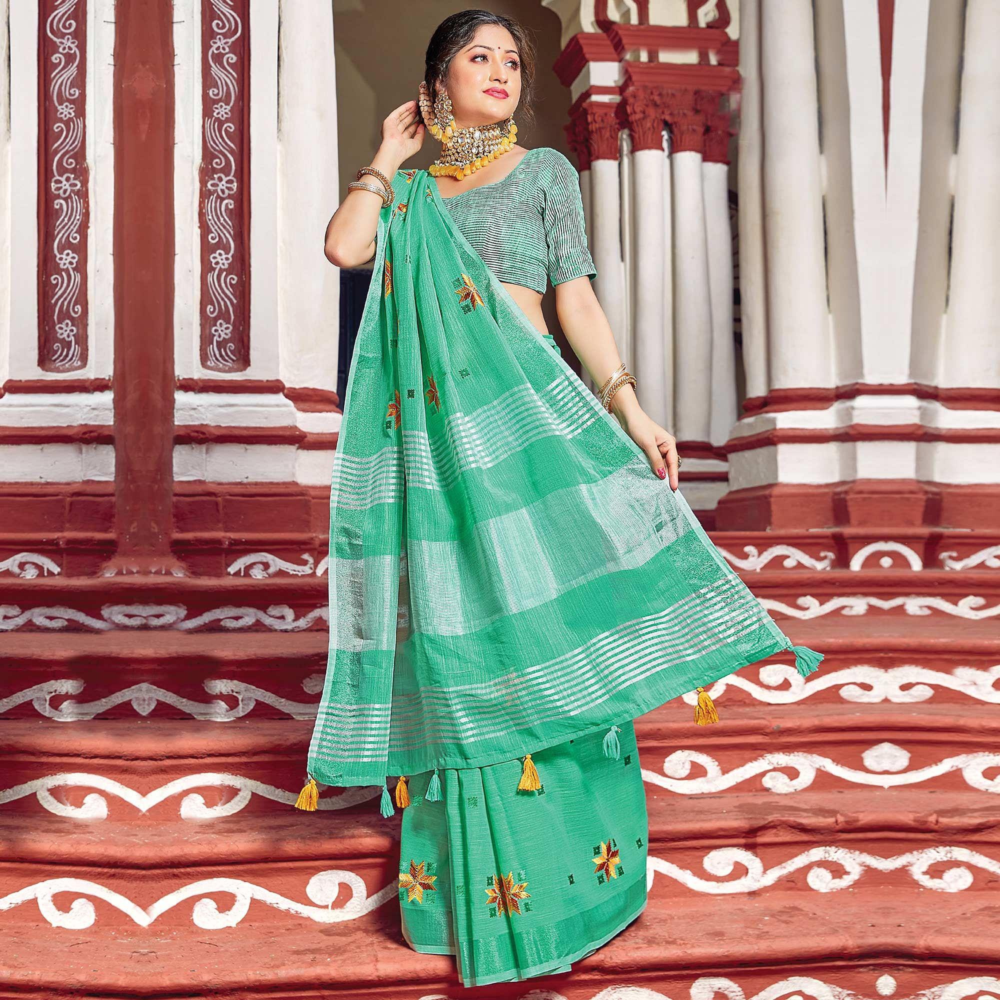 Green Festive Wear Printed Linen Saree - Peachmode