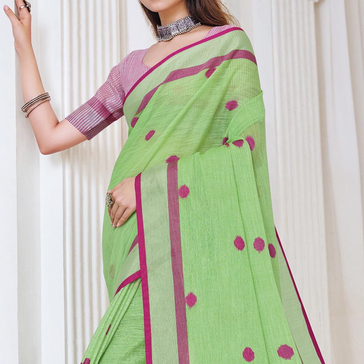Green Festive Wear Printed Linen Saree - Peachmode