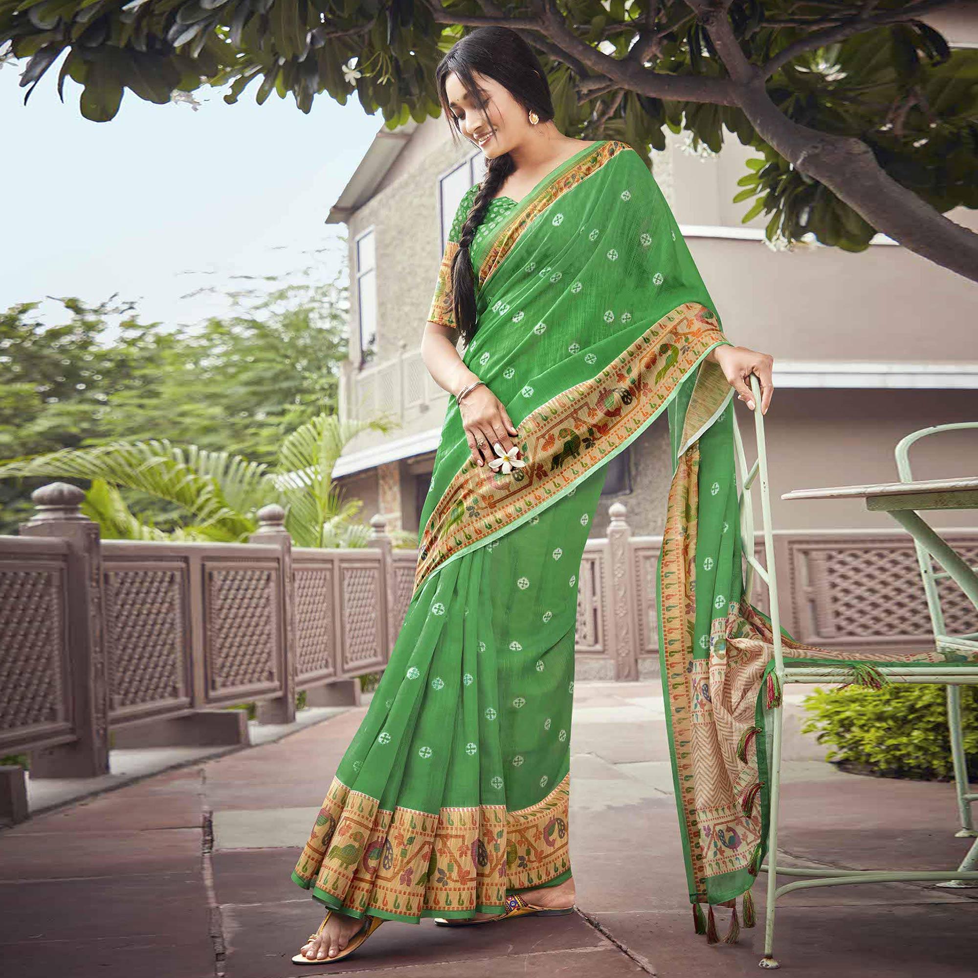 Green Festive Wear Printed Linen Saree With Border - Peachmode
