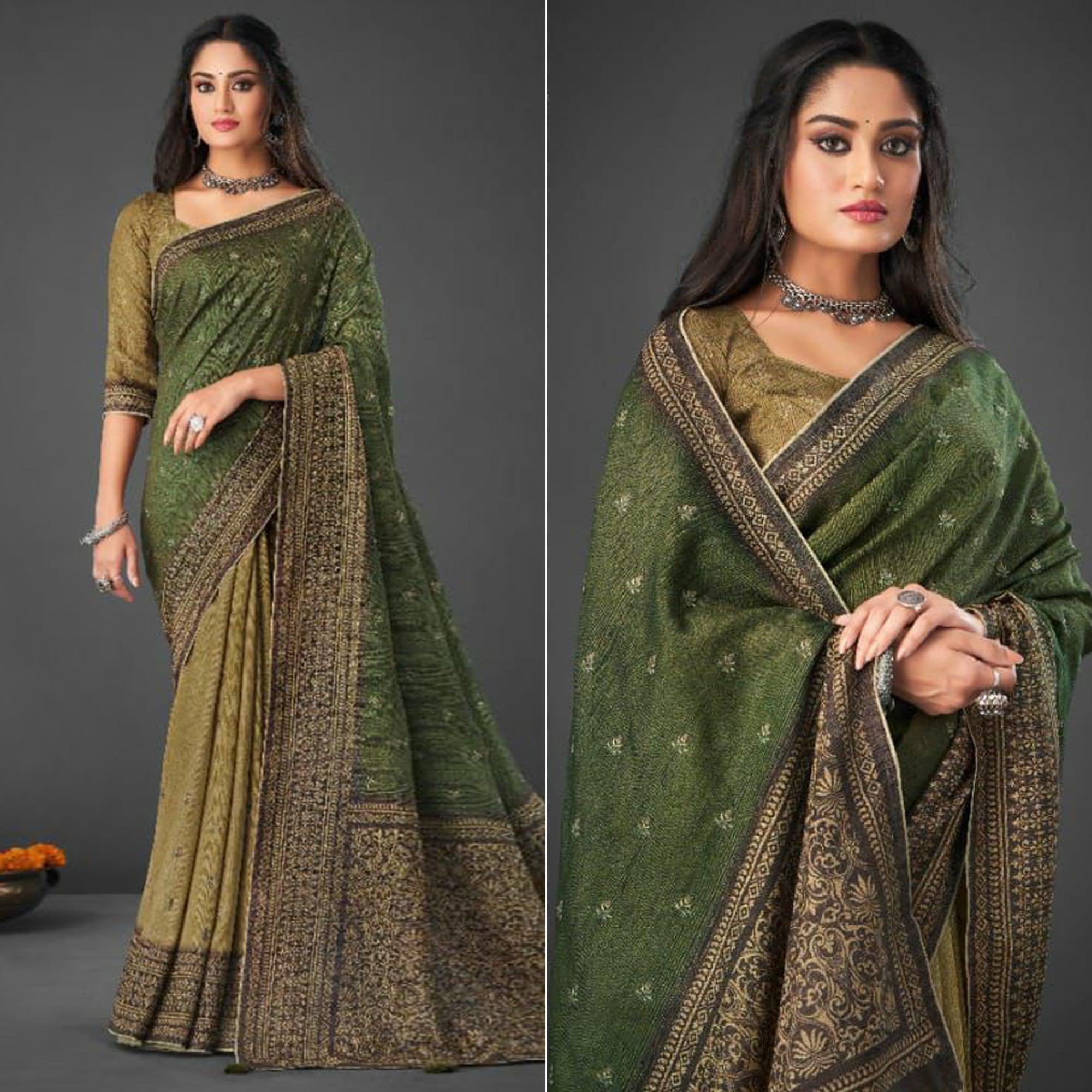 Green Festive Wear Printed Silk Half and Half Saree - Peachmode
