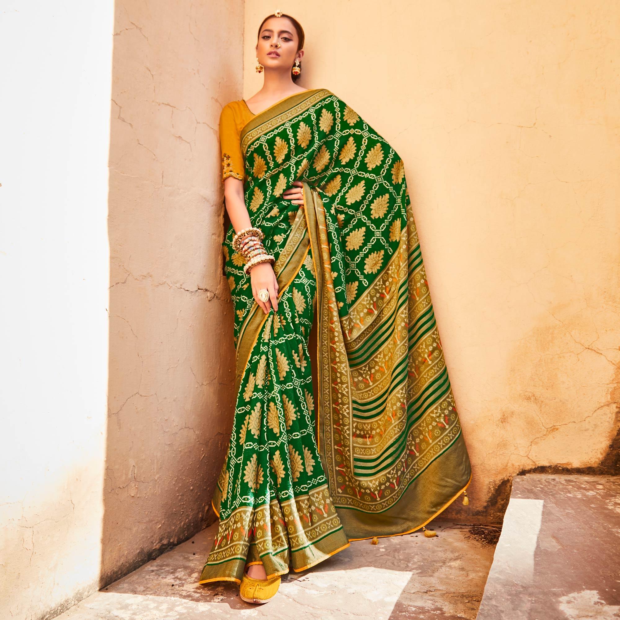 Green Festive Wear Printed Silk Saree - Peachmode