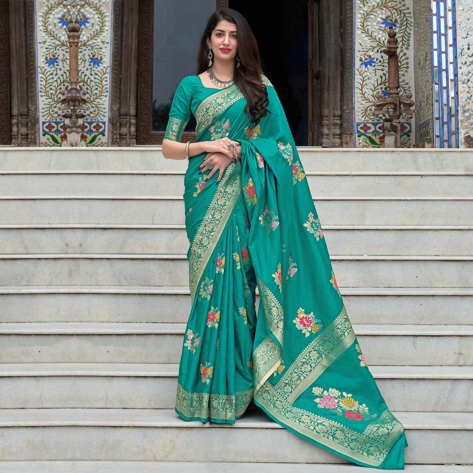 Green Festive Wear Printed Silk Saree - Peachmode