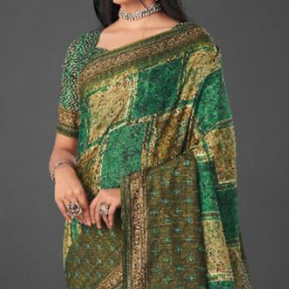 Green Festive Wear Printed Silk Saree - Peachmode